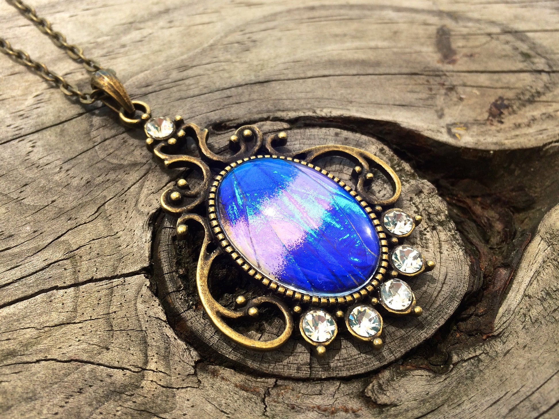 REAL Blue Morpho Butterfly wing necklace Glow necklace Turquoise necklace Vampire Diaries necklace Bright Blue opal Aqua aura quartz crystal