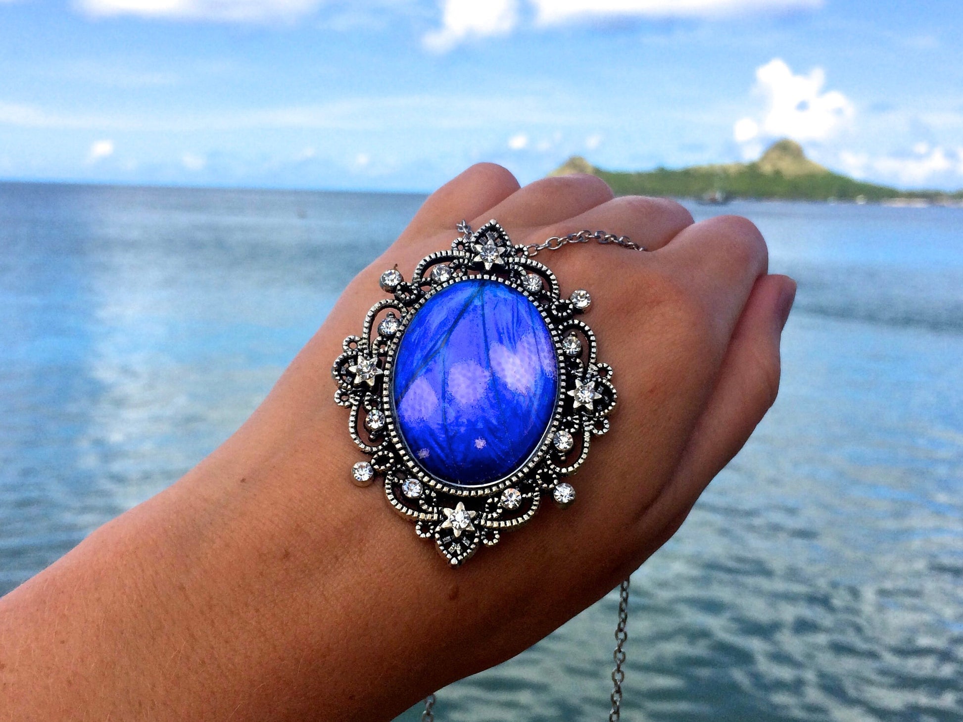 Glowing jewelry REAL Blue Morpho Butterfly Wing Necklace Blue crystal necklace Ocean necklace Antique silver pendant blue sapphire pendant