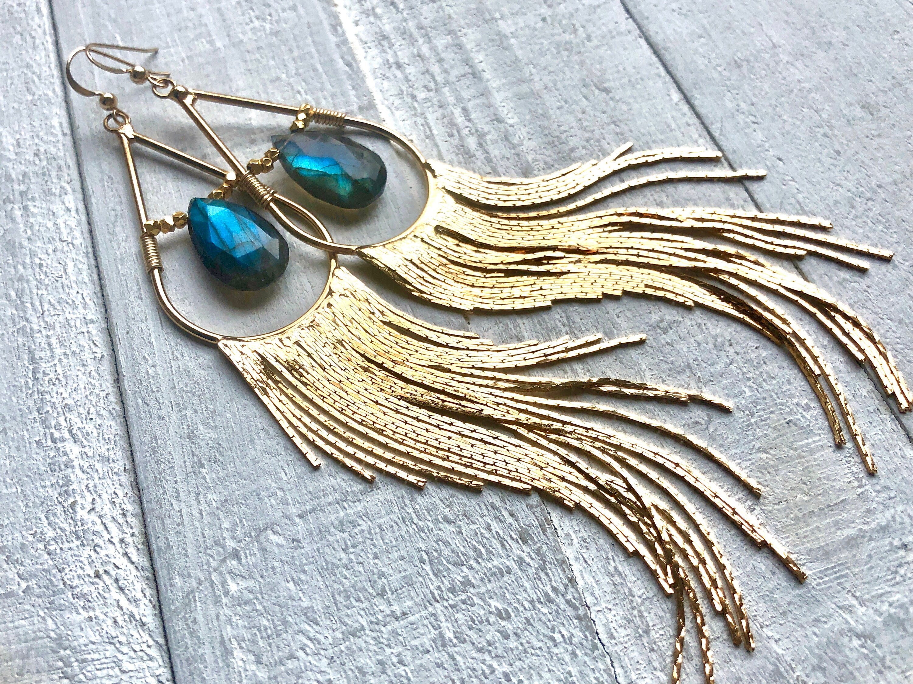 Raw labradorite earrings gold dangling earrings Long gemstone drop earrings Long boho earrings dangle Crystal tassel fringe earrings