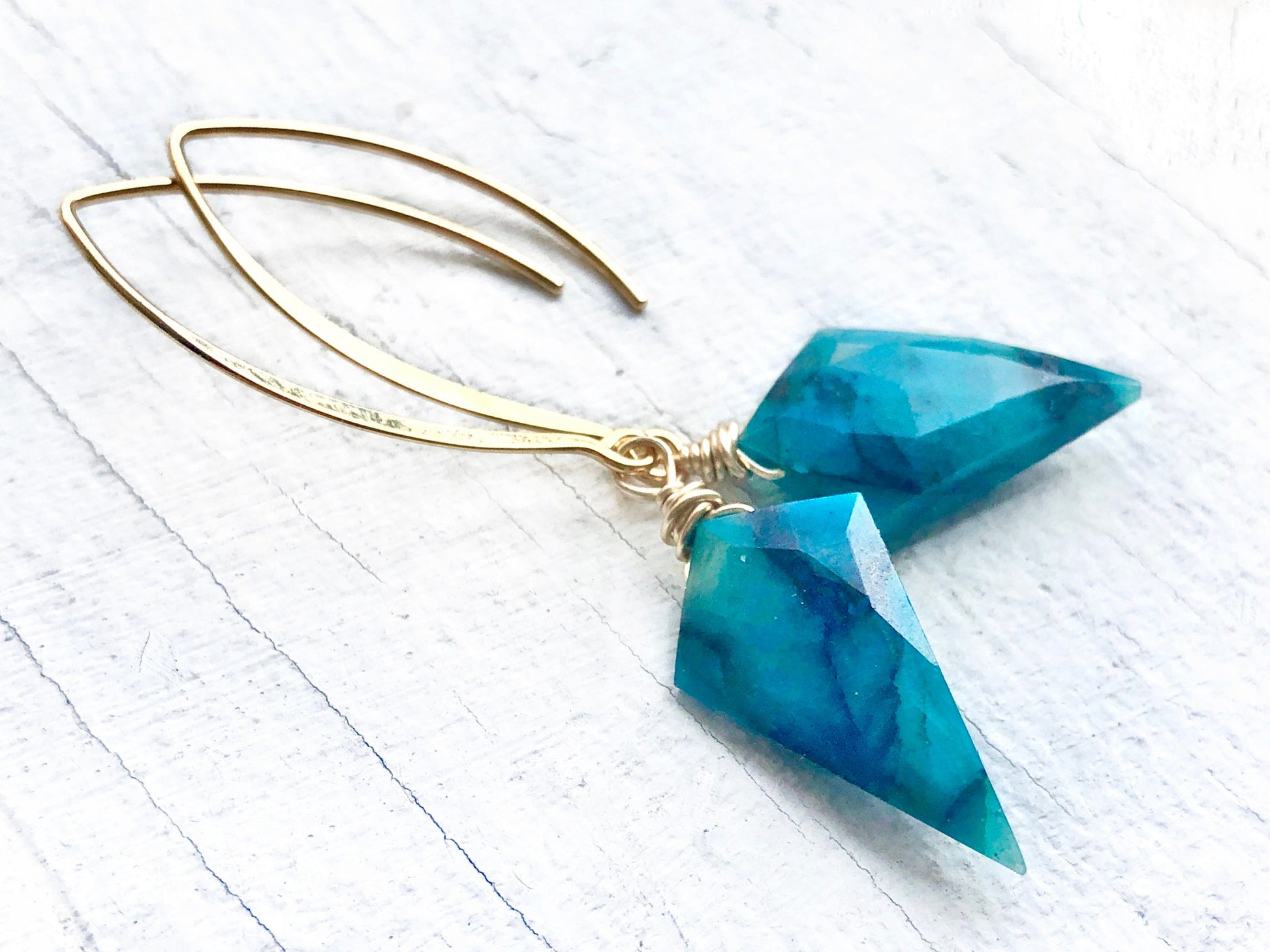 Natural Chrysocolla earrings Rose gold turquoise dangle earrings Raw Chrysocolla stone earrings for women Long spike earrings 14k gold fill