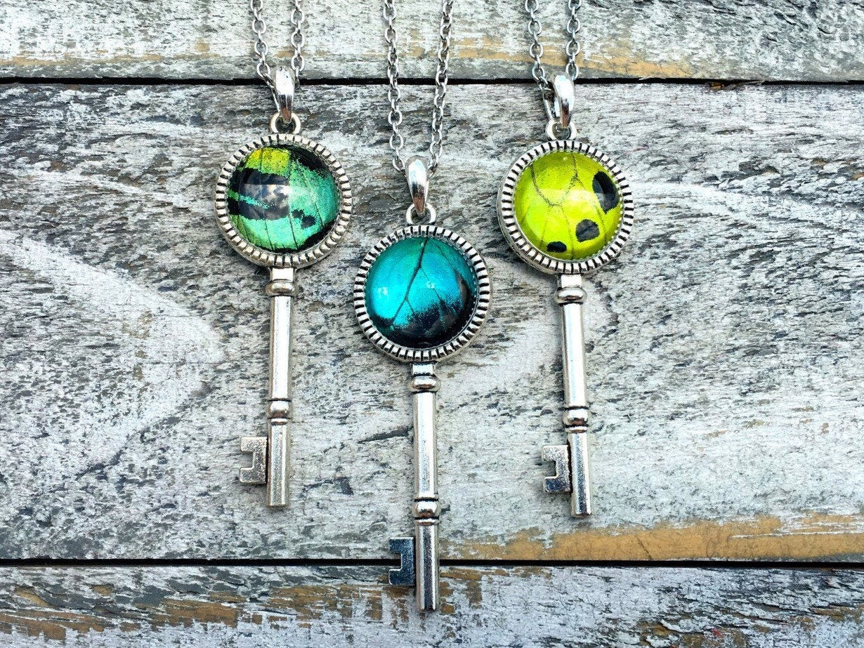 Key necklace Real Butterfly Wing Mother in law gift Skeleton key pendant necklace Gift for her Gift for mom Antique key jewelry