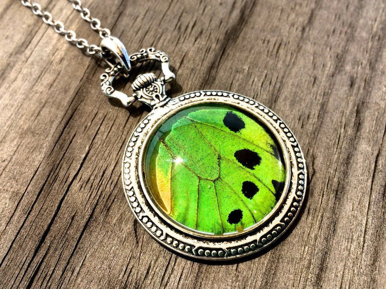 Real Butterfly wing necklace Green jewelry Moon phase necklace Silver Pocket watch necklace Insect jewelry Lime green Statement Necklace