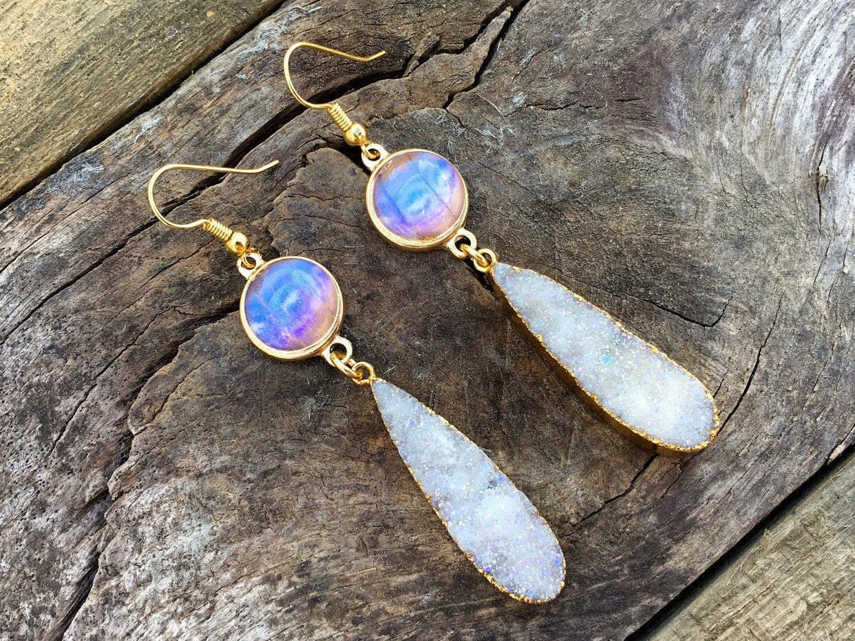 Gold druzy earrings Real butterfly wing earrings Boho bridal drop earrings opal Quartz crystal cluster earrings 14k gold filled option