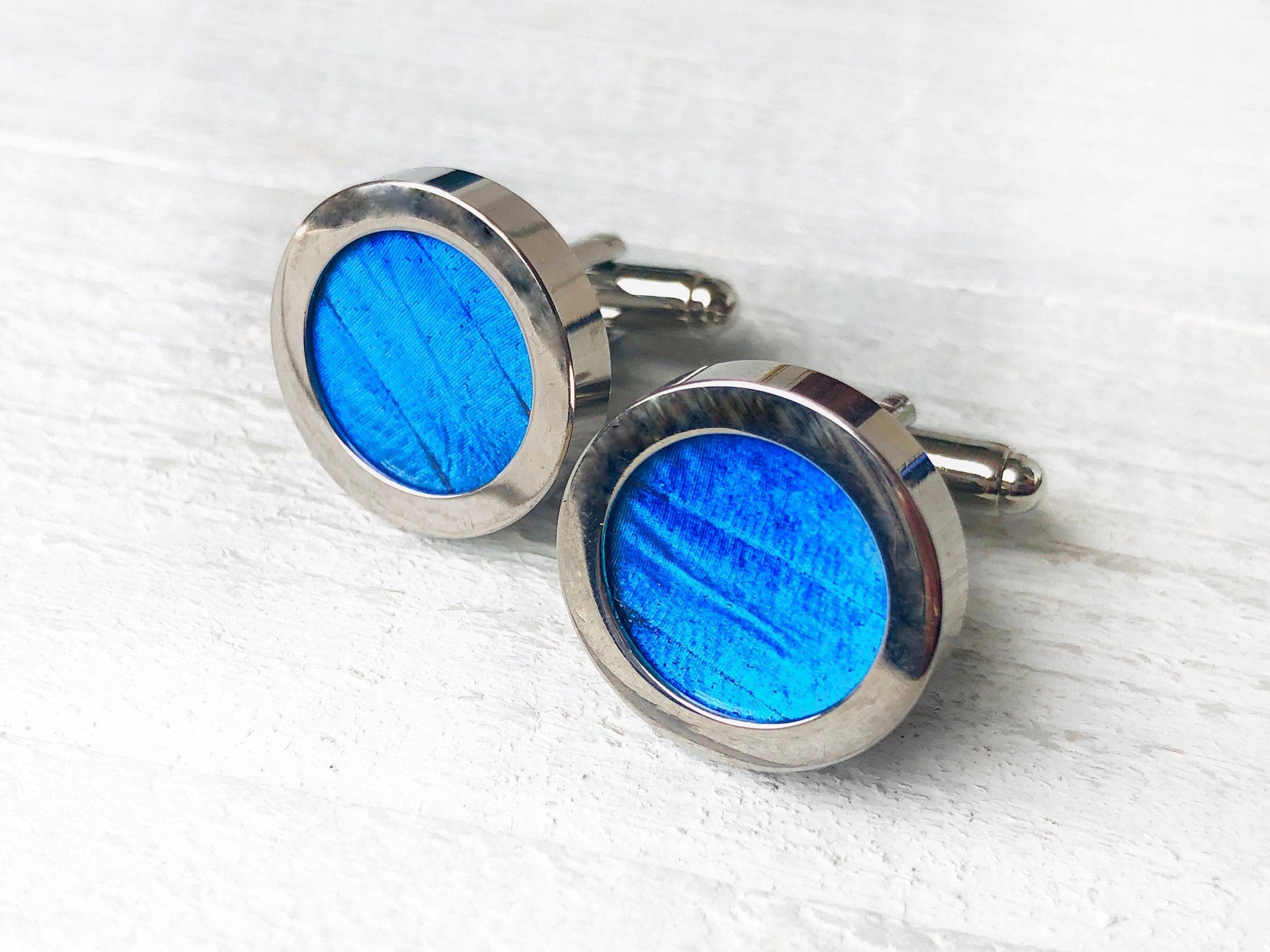 Real Butterfly cufflinks for groom Blue cufflinks for groomsmen Men's cuff links for wedding Personalized cuff links father of the bride