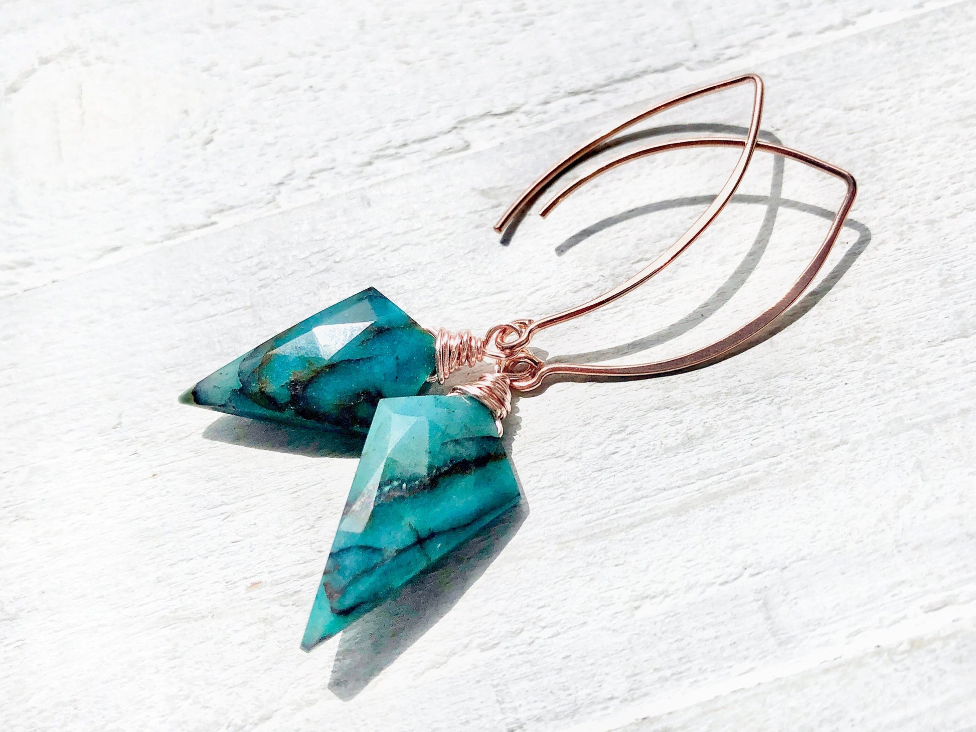 Natural Chrysocolla earrings Rose gold turquoise dangle earrings Raw Chrysocolla stone earrings for women Long spike earrings 14k gold fill