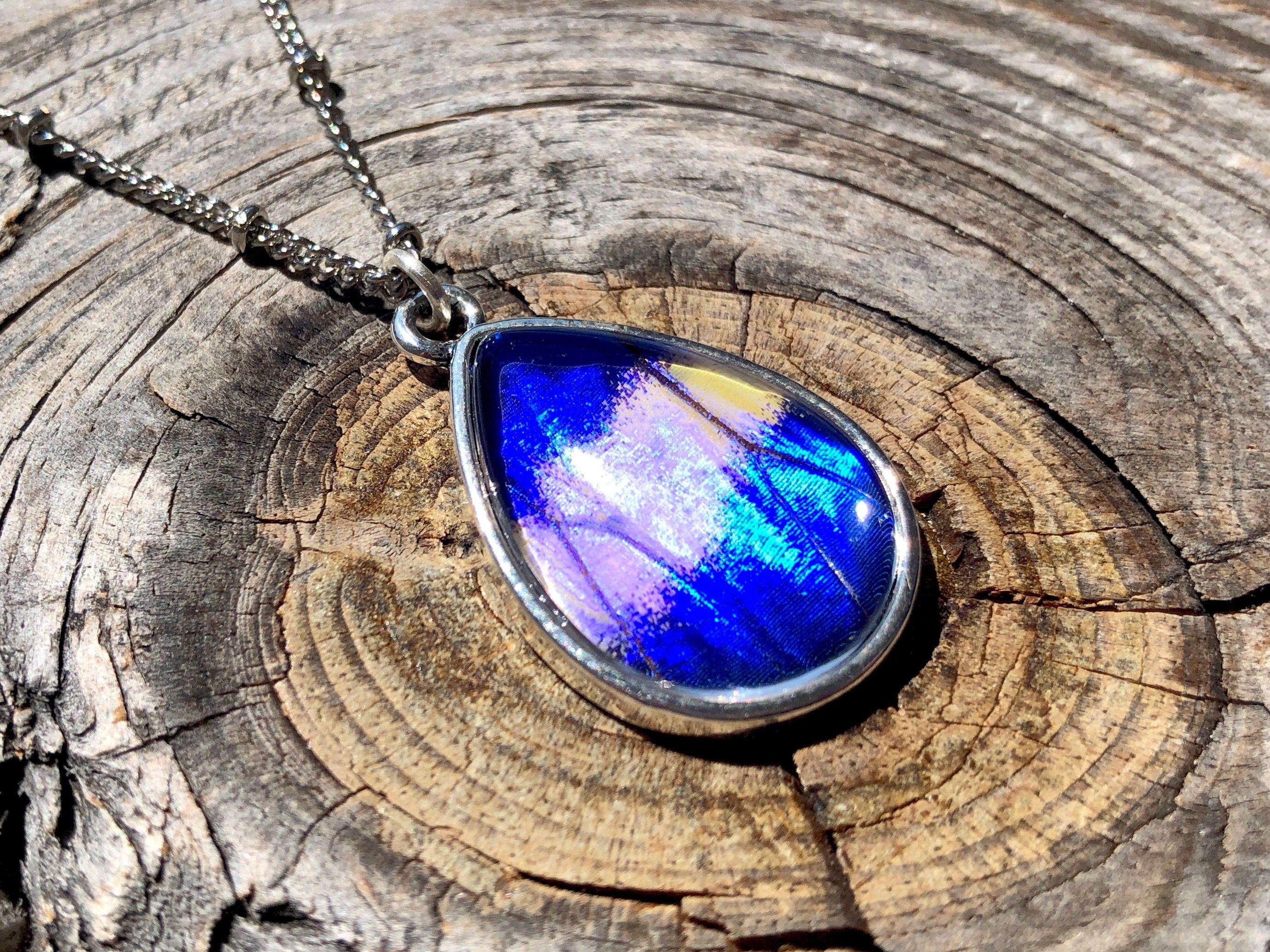Real blue morpho butterfly wing necklace Blue butterfly necklace for women Silver butterfly charm necklace Real Butterflies framed