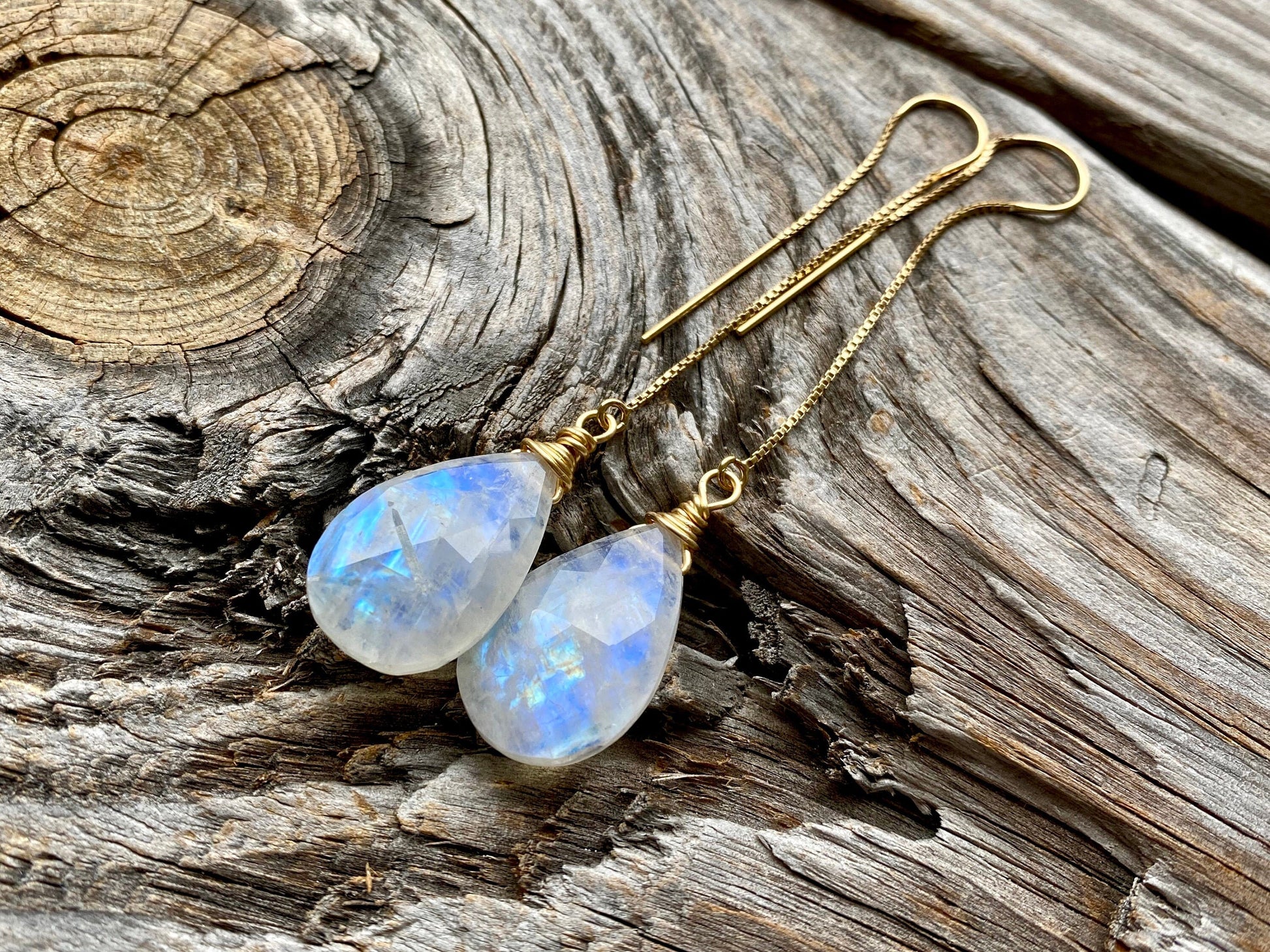 Large moonstone earrings Threader earrings Rainbow moonstone earrings Gold moonstone earrings Long chain earrings Raw moonstone jewelry