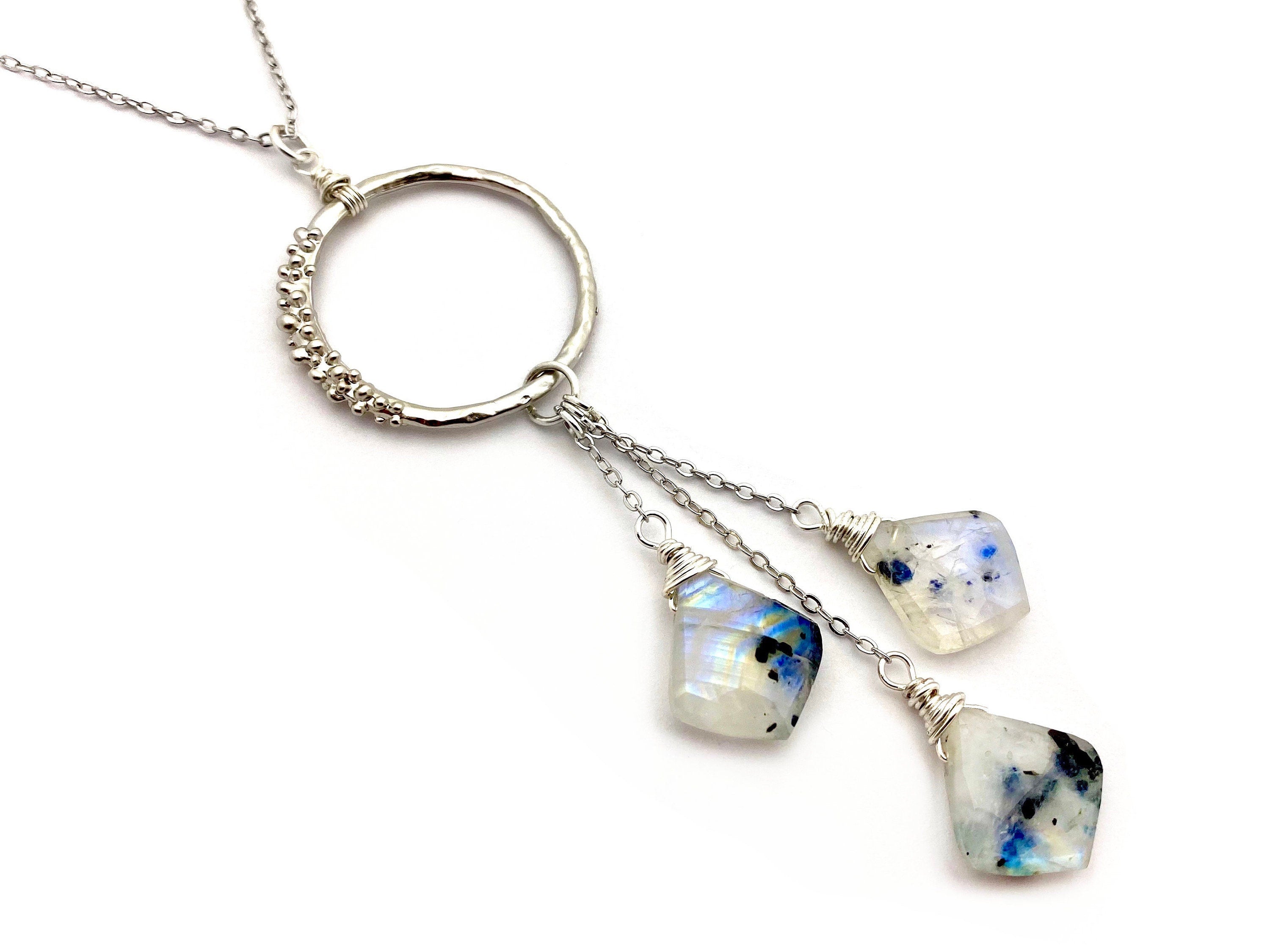 Rainbow moonstone necklace Handmade necklace silver lariat necklace crystal moonstone jewelry Handmade jewelry for women Crystal necklace