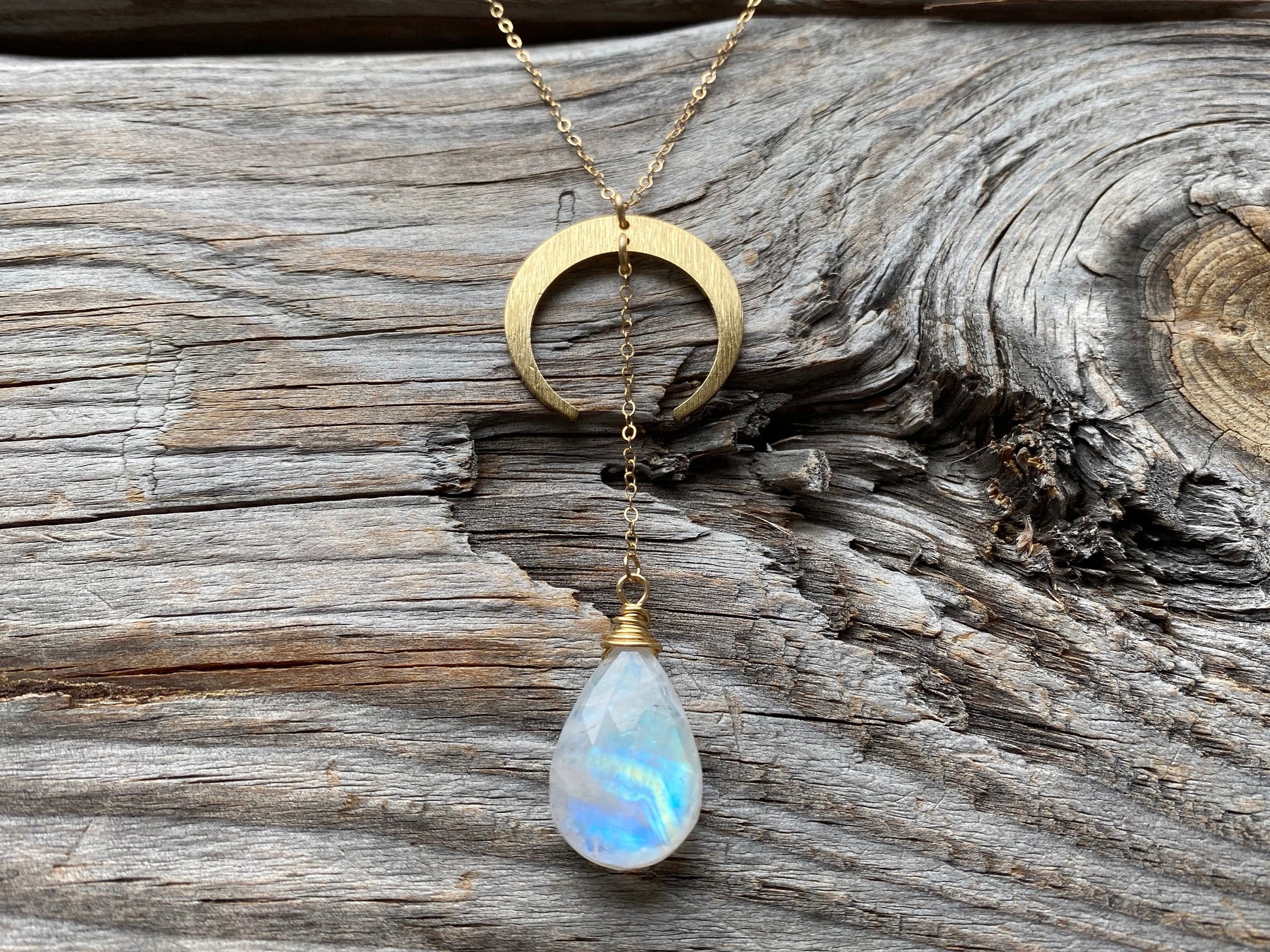Rainbow moonstone necklace Double horn necklace Moon phase necklace Gold lariat necklace Half moon necklace Y necklace Crescent moon pendant