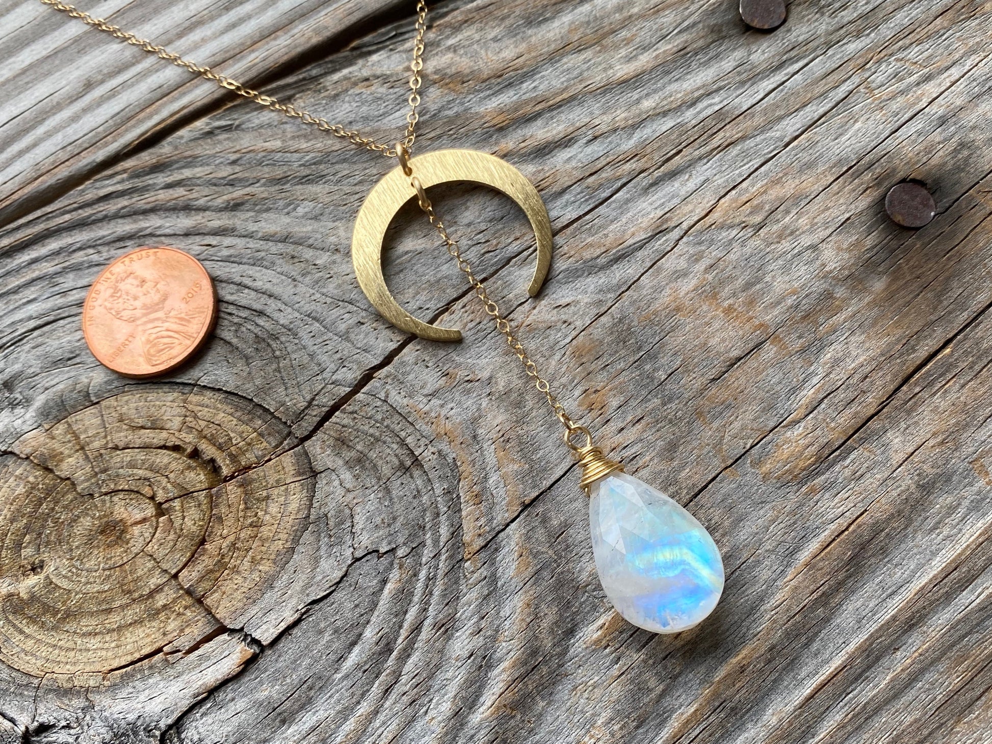 Rainbow moonstone necklace Double horn necklace Moon phase necklace Gold lariat necklace Half moon necklace Y necklace Crescent moon pendant