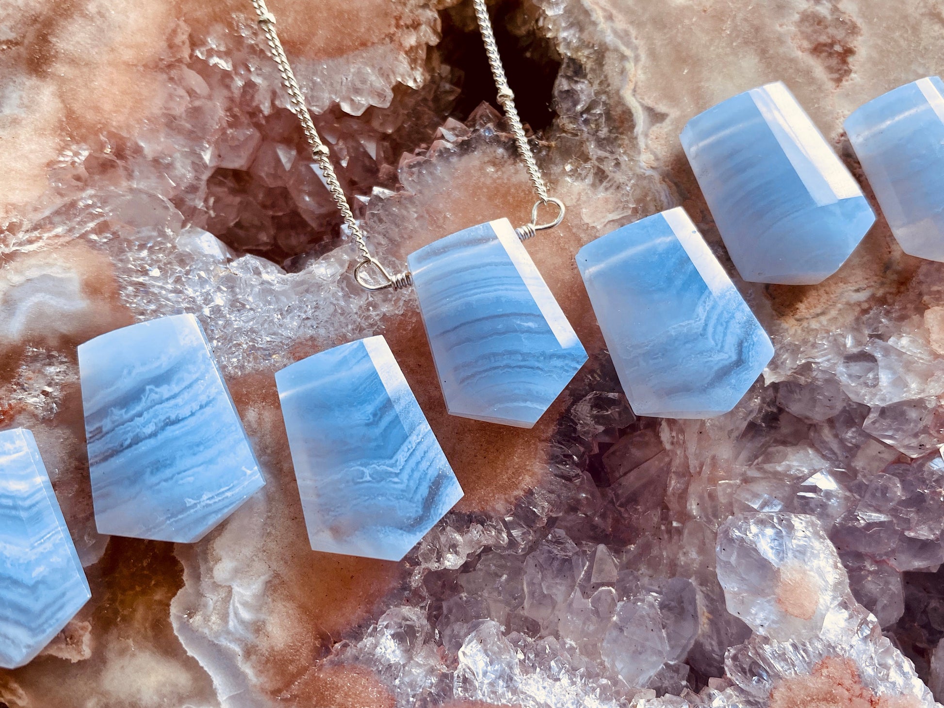 Blue lace agate pendant necklace Raw agate necklace Healing crystal necklace Blue lace agate jewelry Blue lace agate necklace for men women