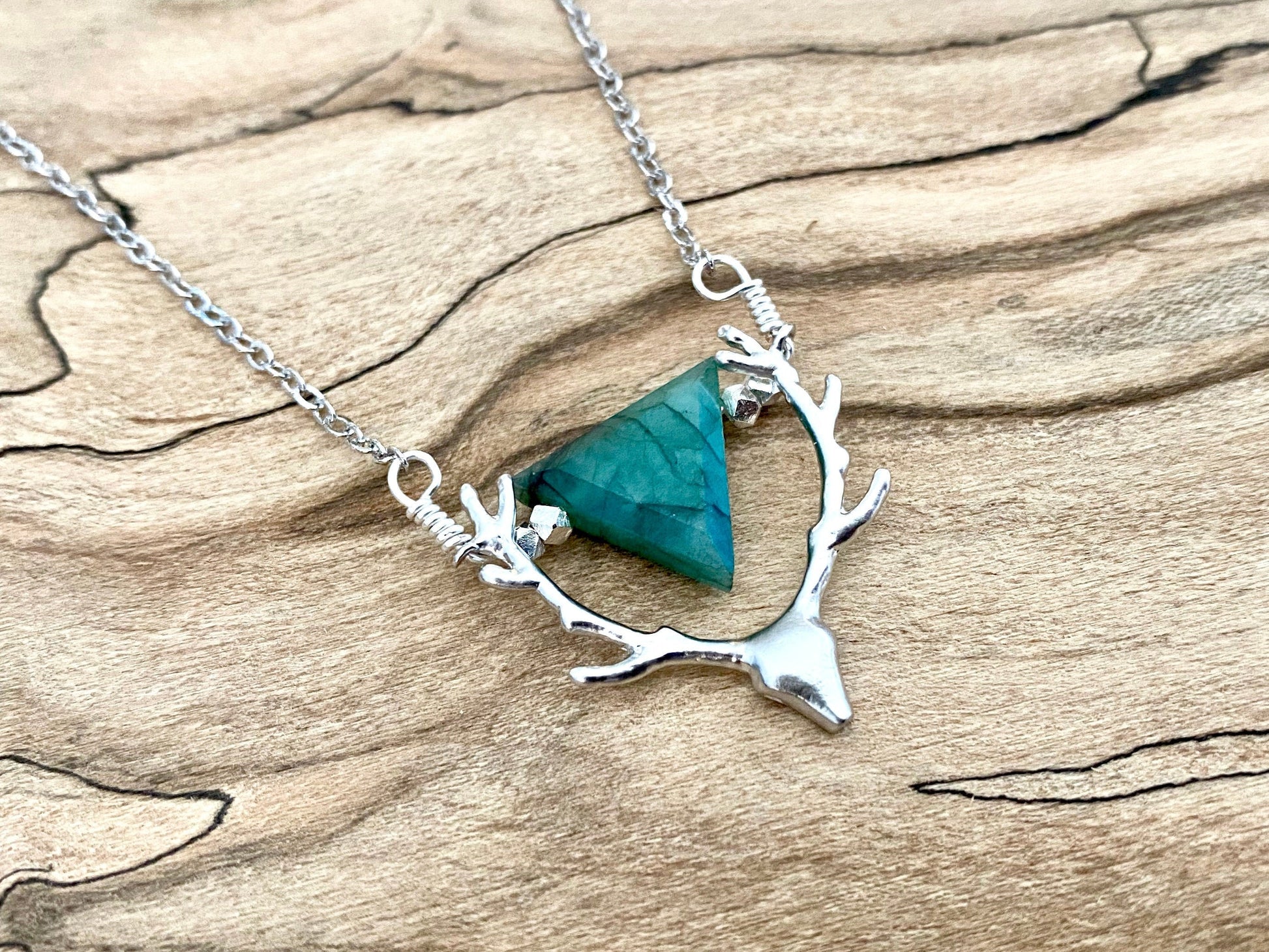 Raw emerald necklace for women Deer head necklace May birthstone necklace Taurus necklace Silver deer antler necklace Raw emerald pendant
