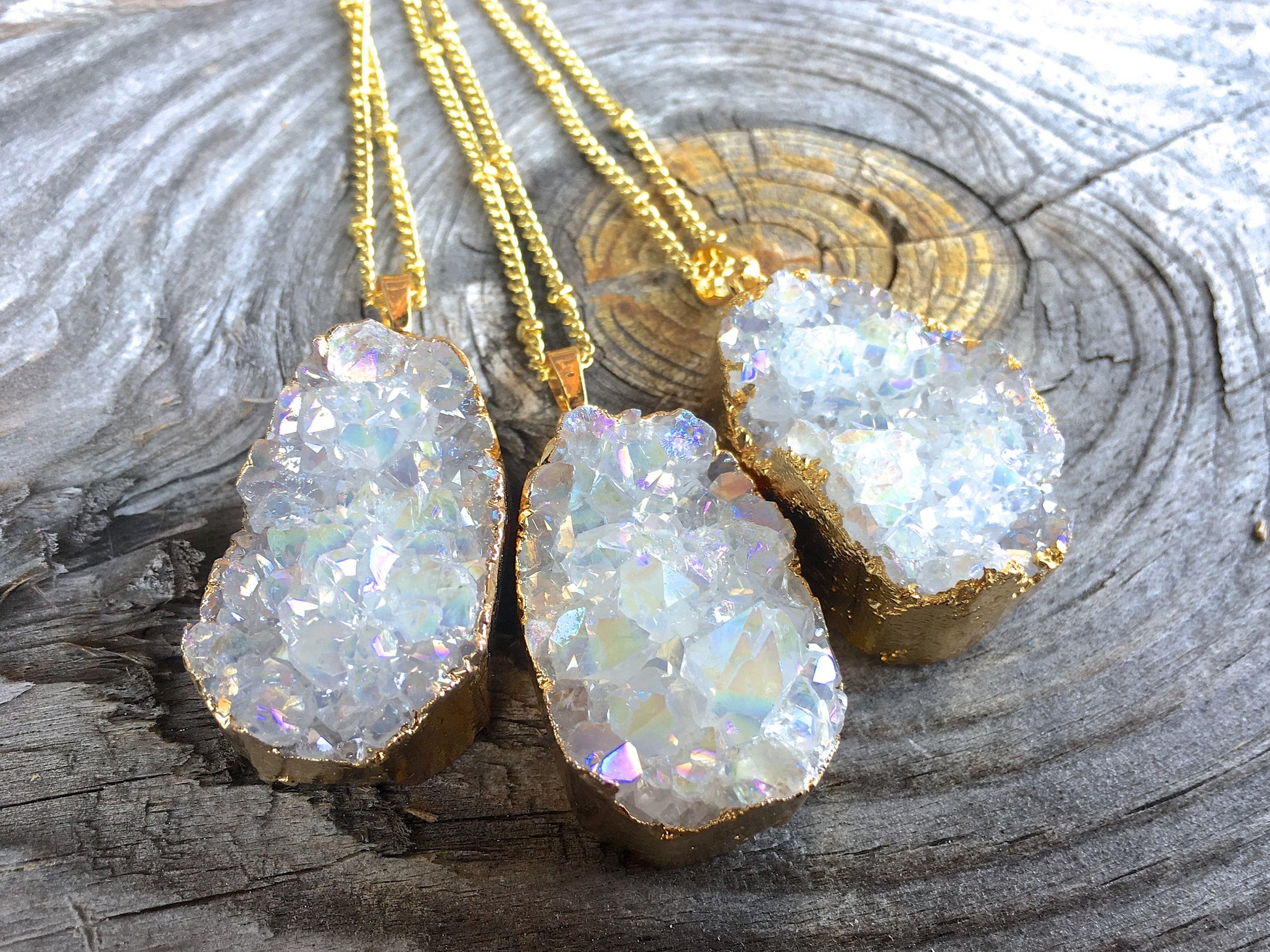 Angel Aura crystal necklace Raw healing crystals and stones Opal aura quartz necklace Rainbow aura quartz cluster Druzy geode pendant