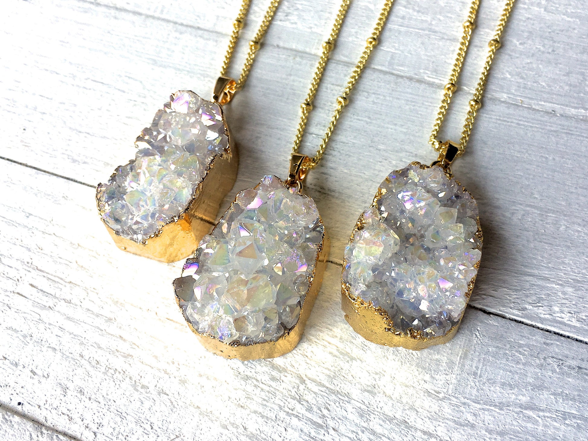 Angel Aura crystal necklace Raw healing crystals and stones Opal aura quartz necklace Rainbow aura quartz cluster Druzy geode pendant