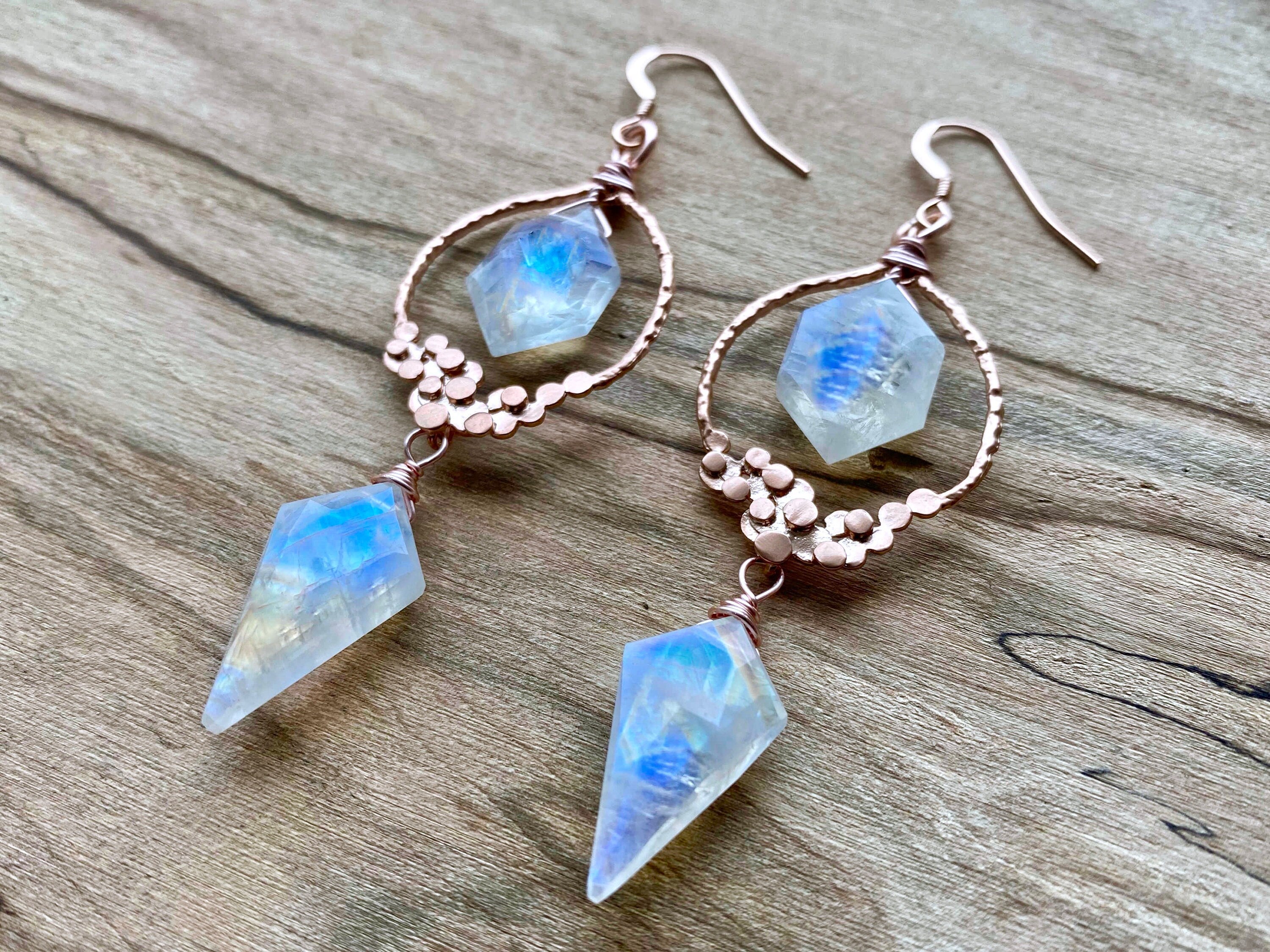Boho moonstone earrings Real moonstone dangle earrings Rainbow moonstone earrings Raw moonstone jewelry Rose gold moon stone earrings