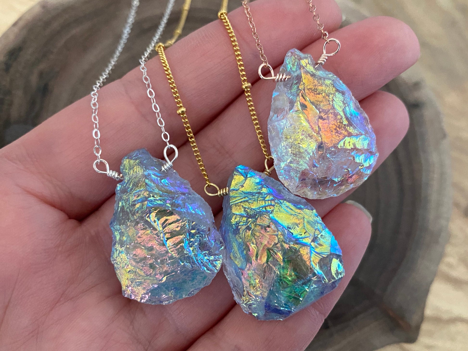 Raw angel aura quartz necklace Rainbow quartz necklace Raw crystal necklace for women Aura quartz crystal necklace Angel aura quartz pendant