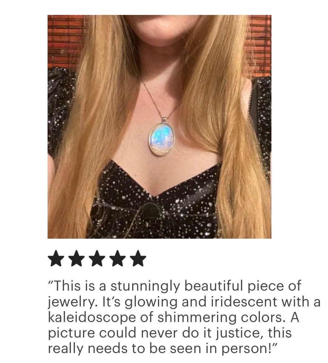 Real Butterfly Wing Jewelry October birthstone necklace Pearl Morpho butterfly - Looks like an Opal Moonstone Pendant Boho bridal jewelry