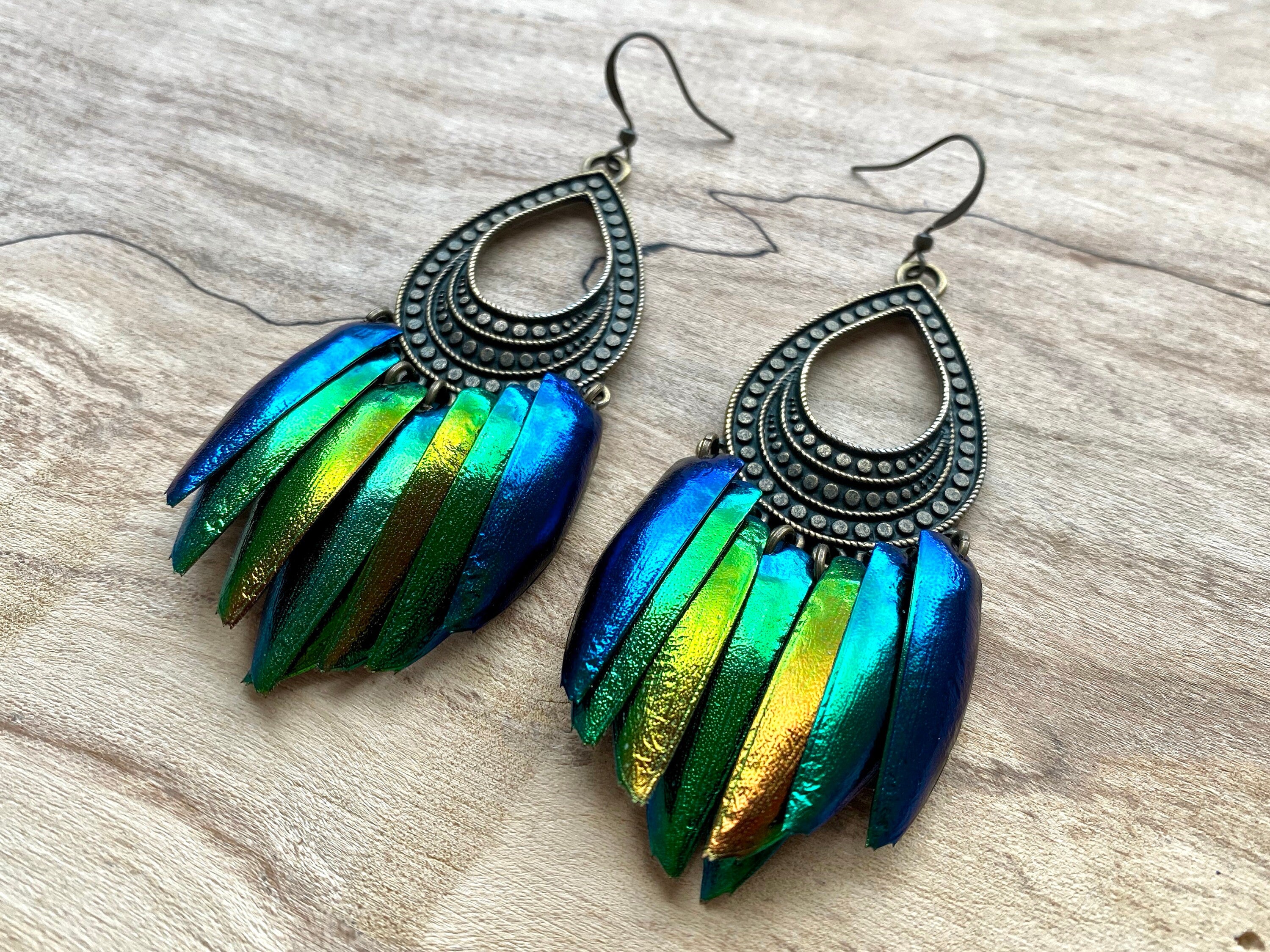 Real beetle wing earrings Real beetle earrings for women Beetle wing jewelry Taxidermy earrings Unique hoop earrings Green elytra earrings