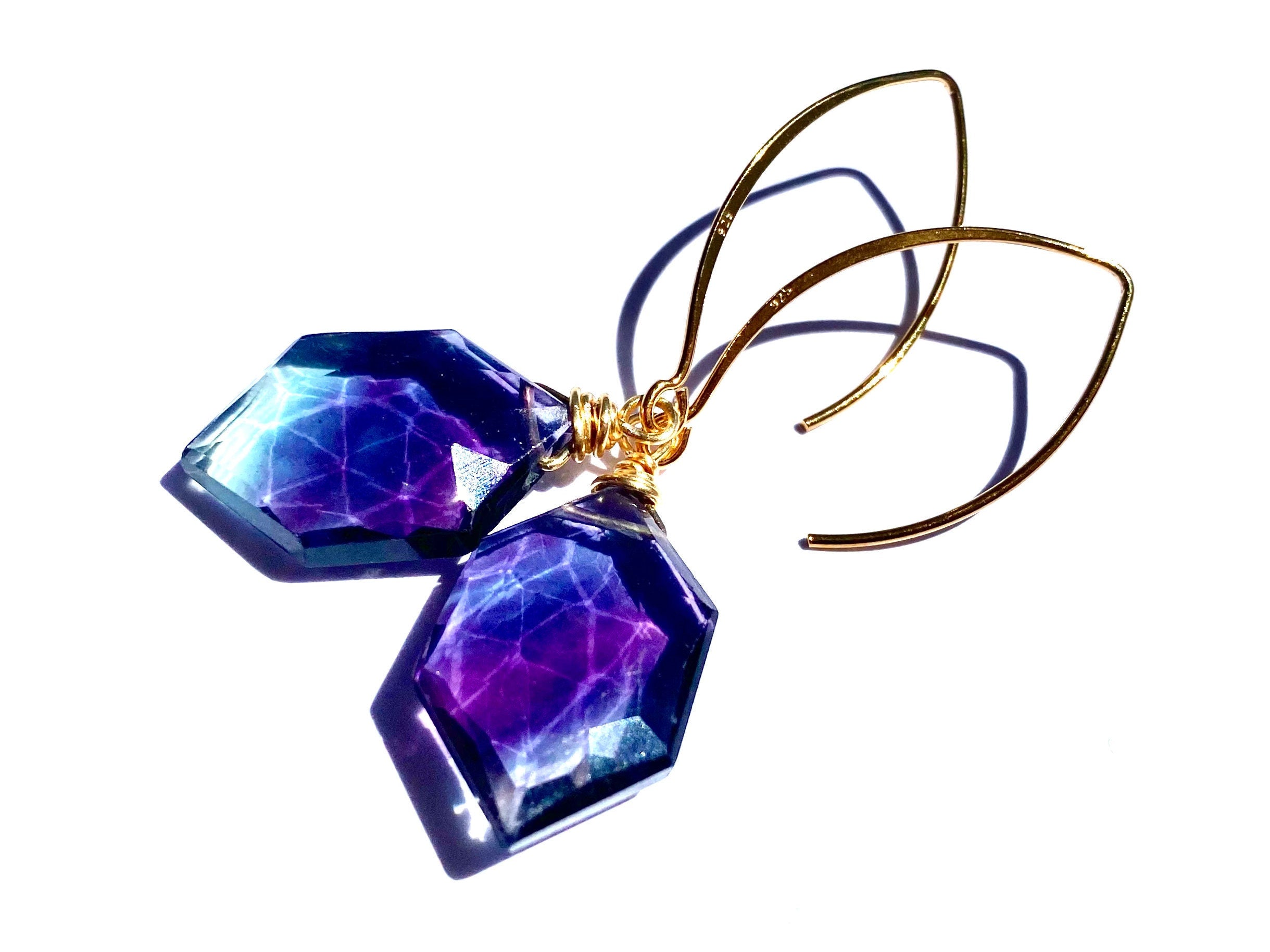 Raw Fluorite earrings Rainbow fluorite jewelry Purple fluorite crystal point Natural gemstone earrings Crystal hexagon earrings Ametrine