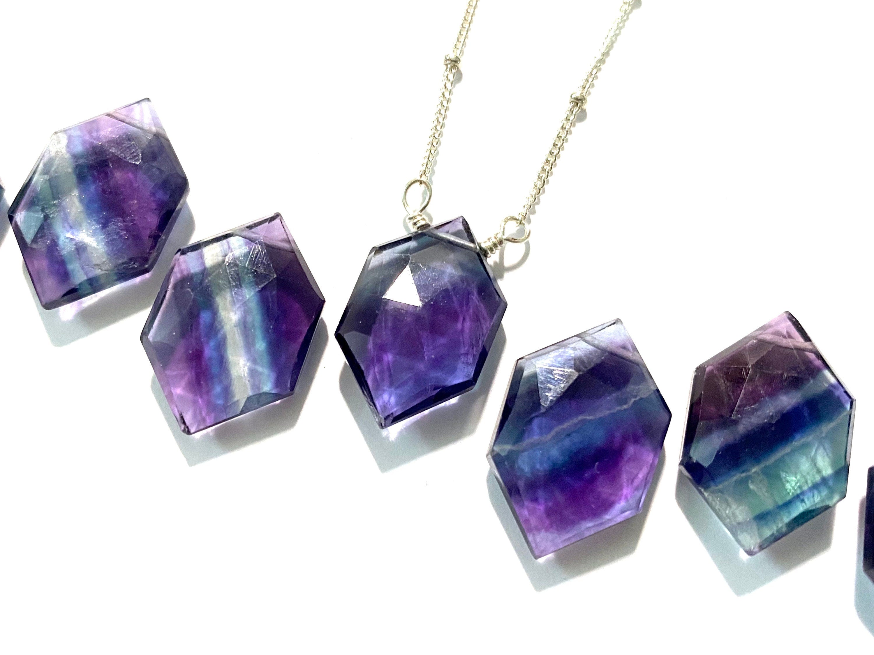 Raw Fluorite necklace for women Raw gemstone necklace Purple fluorite crystal necklace Rainbow fluorite jewelry Crystal hexagon necklace