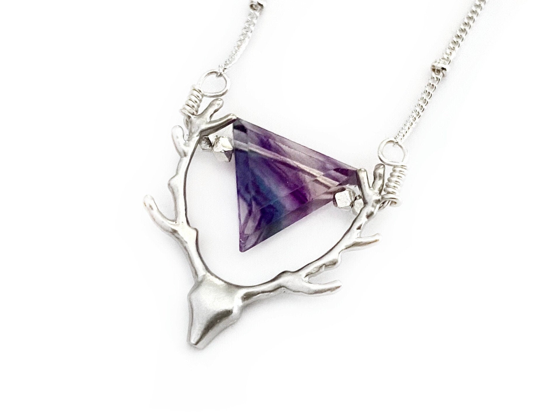 Rainbow fluorite necklace Deer necklace with gemstone Deer head necklace Raw fluorite pendant Deer antler necklace Fluorite jewelry