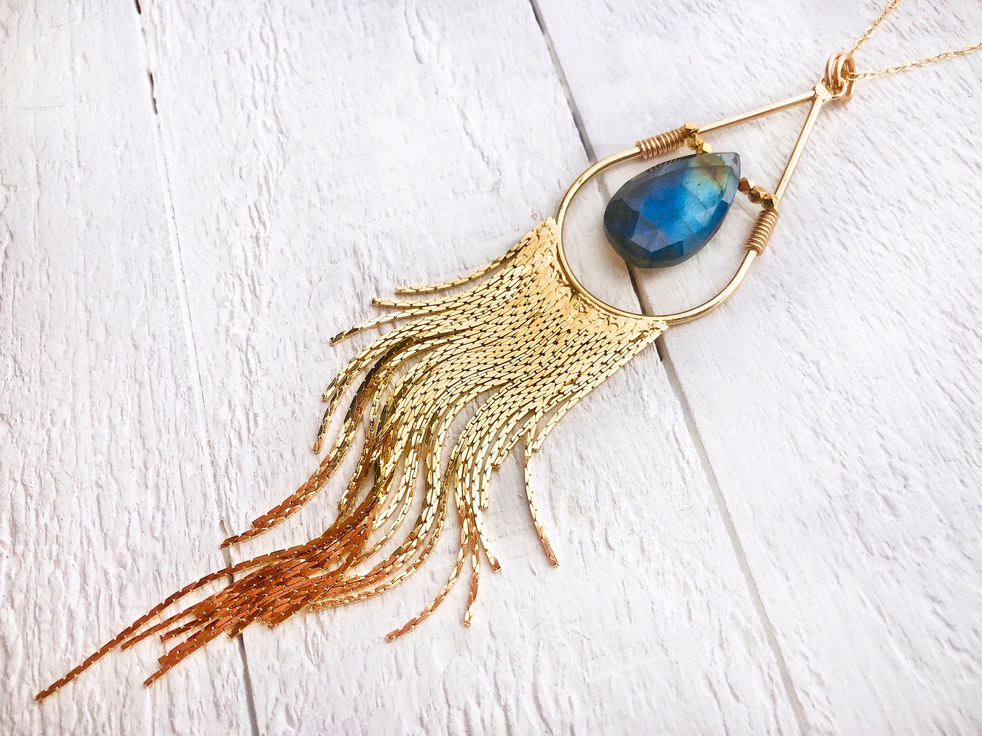 Long moonstone necklace Long tassel necklace Boho tassel necklaces for women Gold fringe necklace Chandelier necklace Long fringe necklace