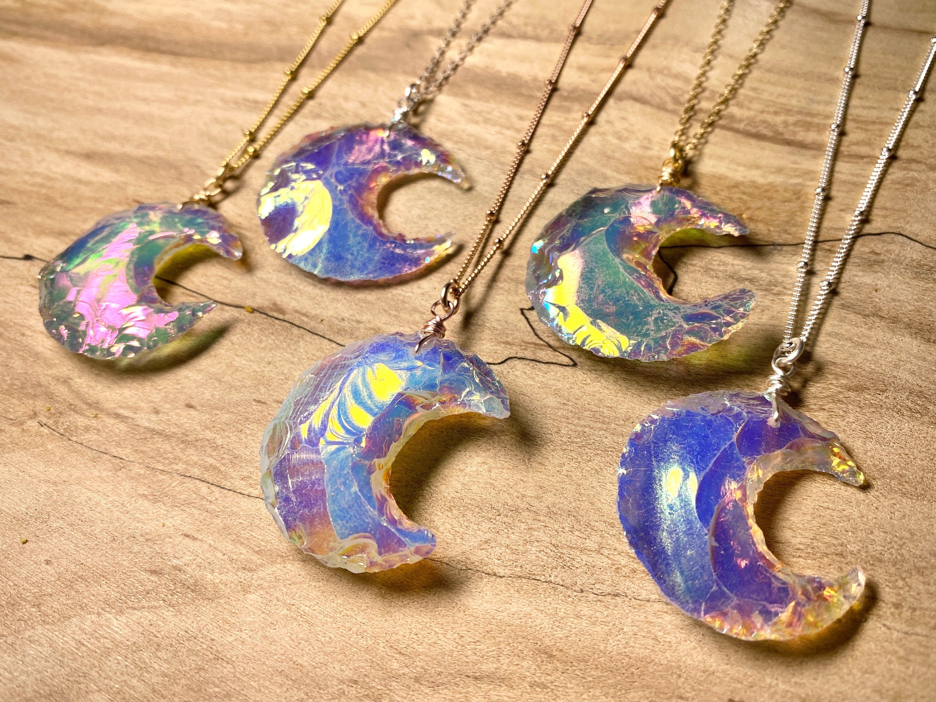 Raw crystal moon necklace Angel Aura quartz necklace Aura crystal necklace Rainbow quartz necklace Aura quartz moon necklace Moon jewelry