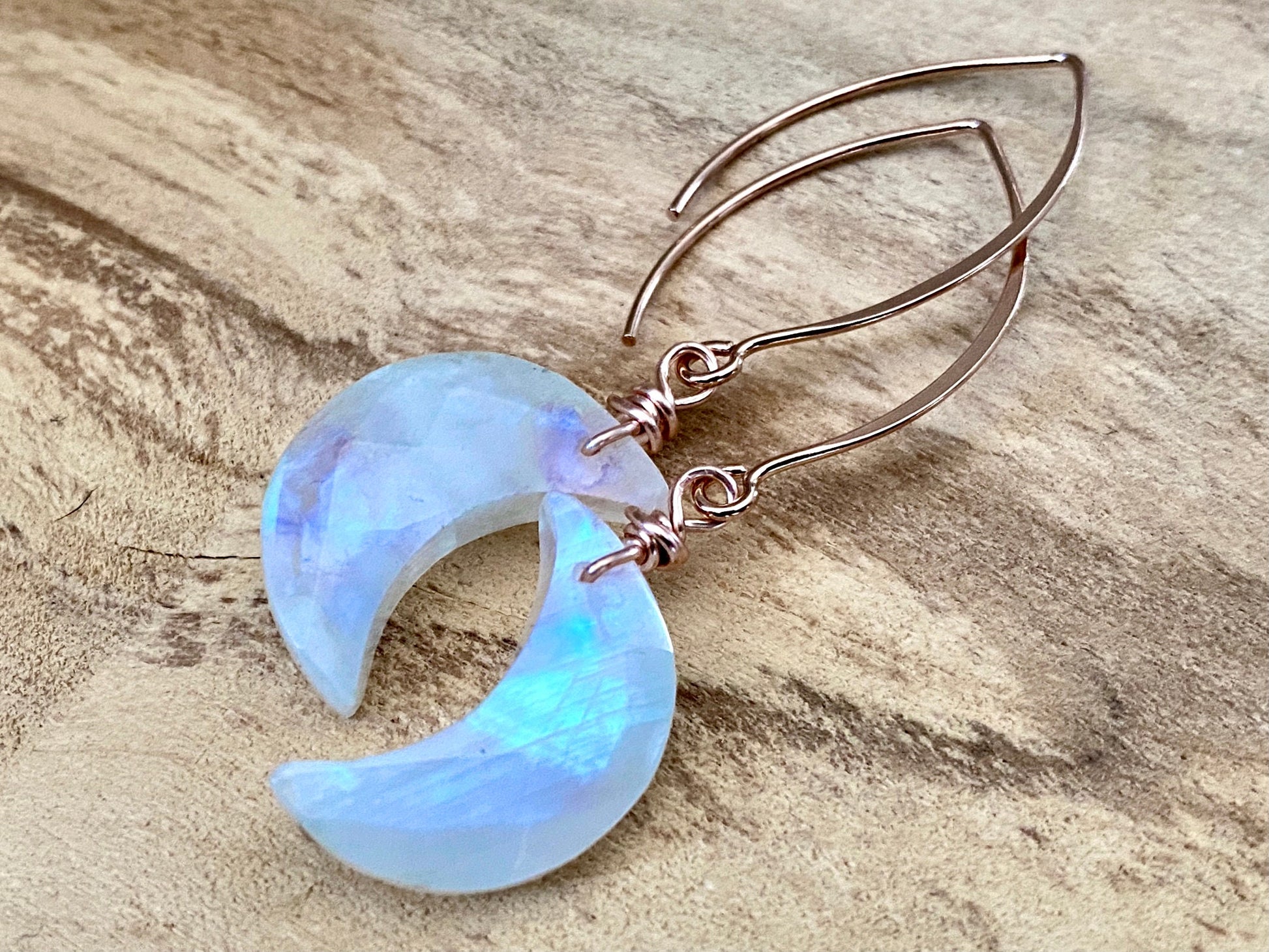 Rainbow moonstone earrings Crystal moon earrings Raw moonstone moon earrings Crescent moon earrings Half moon shaped moonstone jewelry