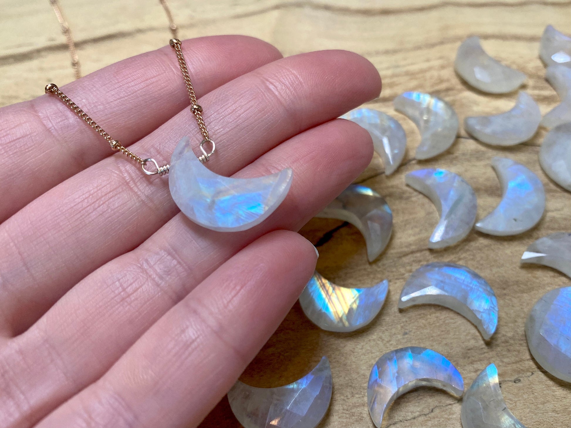 Rainbow moonstone necklace Real moonstone moon necklace Crystal moon necklace for women Raw moonstone necklace Raw gemstone moon necklace