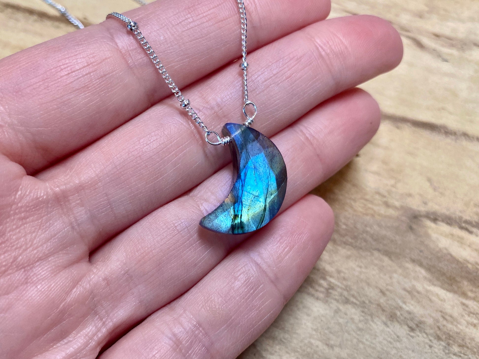 Raw labradorite moon necklace Crystal moon necklace for women Blue labradorite necklace Raw gemstone moon necklace Real labradorite pendant