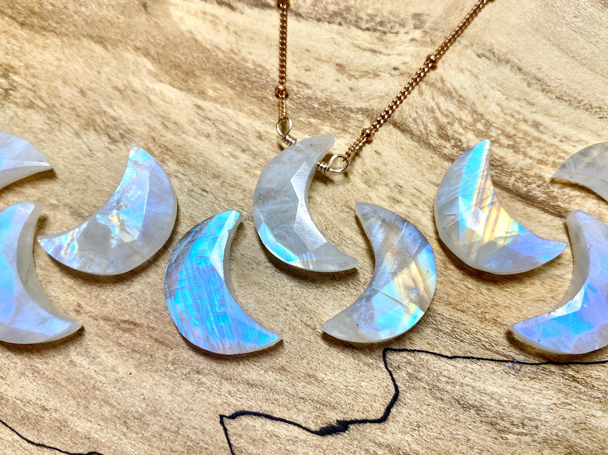 Rainbow moonstone necklace Real moonstone moon necklace Crystal moon necklace for women Raw moonstone necklace Raw gemstone moon necklace