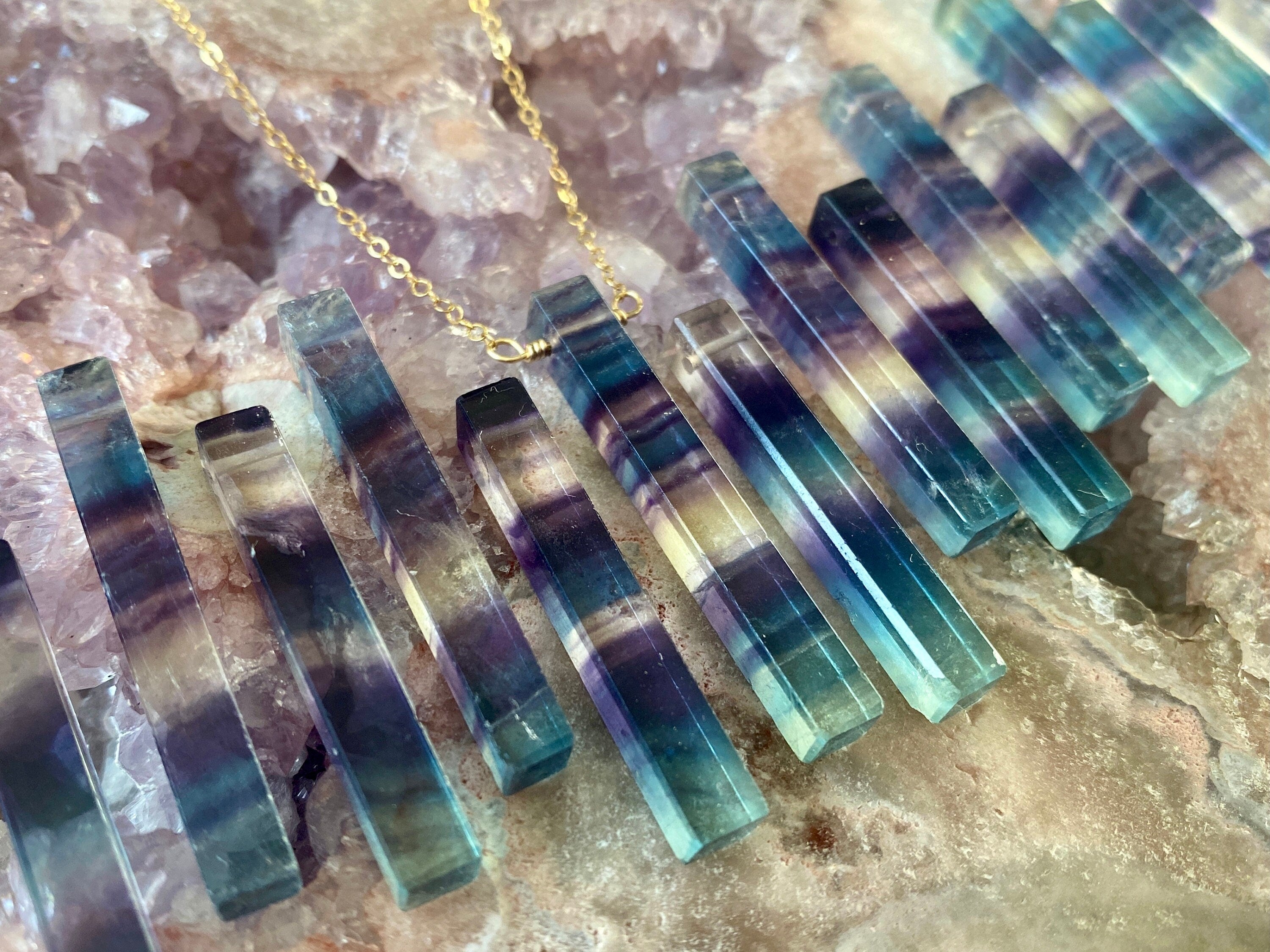 Raw fluorite necklace for women men Rainbow fluorite jewelry Purple fluorite point necklace Gemstone bar necklace fluorite crystal necklace