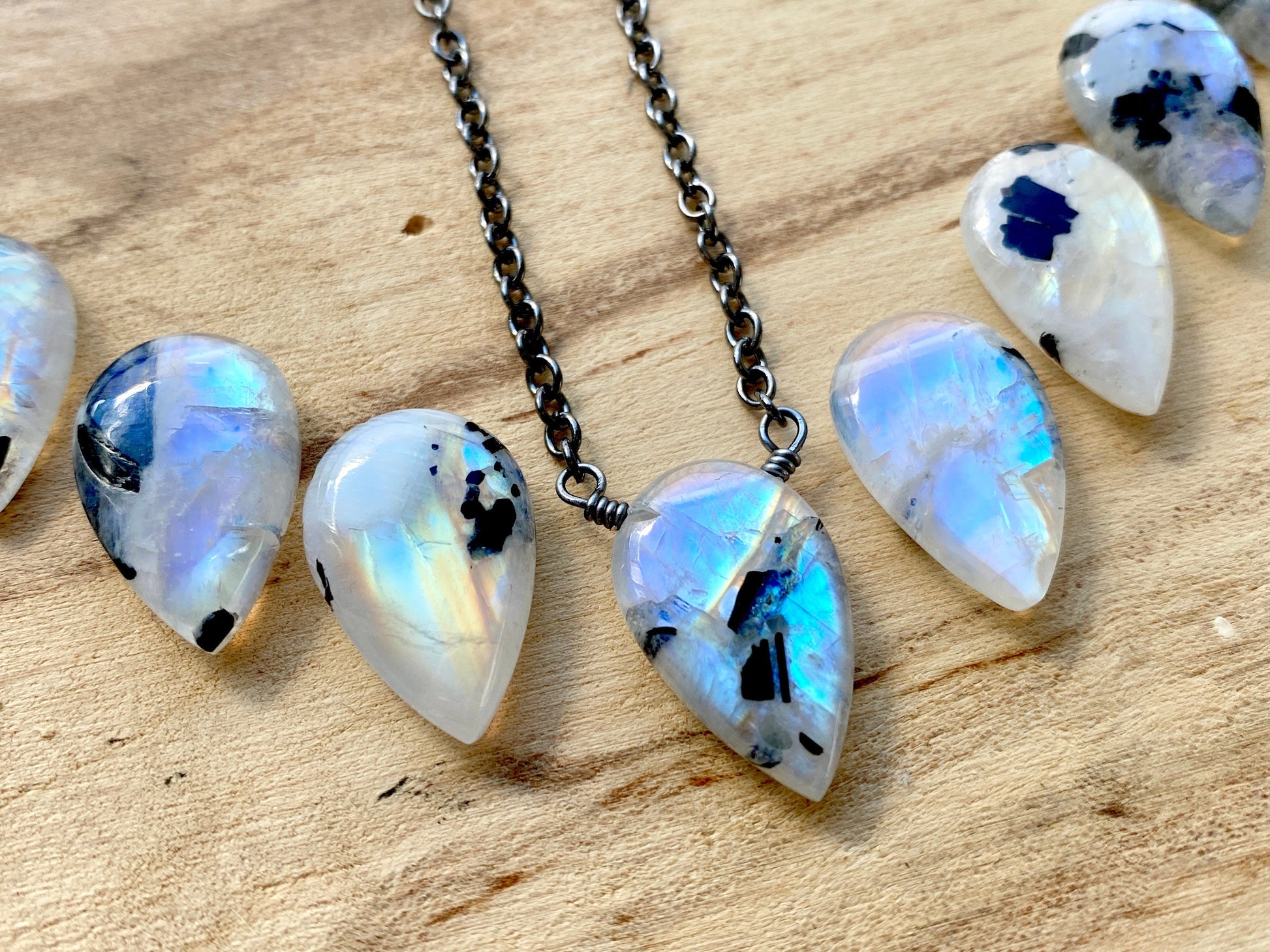 Black moonstone necklace for men women Black tourmaline necklace Rainbow moonstone pendant necklace Raw labradorite necklace Moon stone