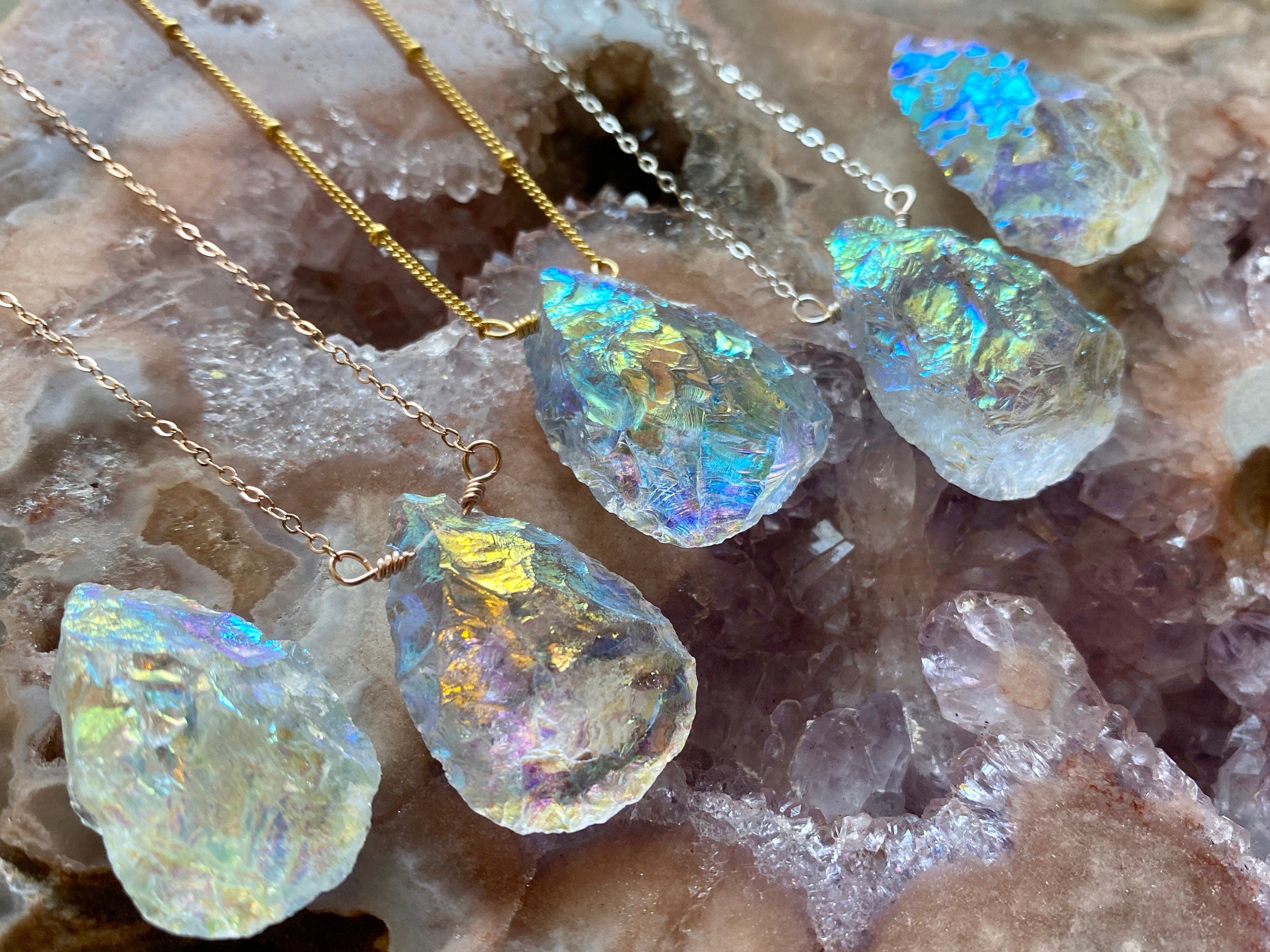 Raw angel aura quartz necklace Rainbow quartz necklace Raw crystal necklace for women Aura quartz crystal necklace Angel aura quartz pendant