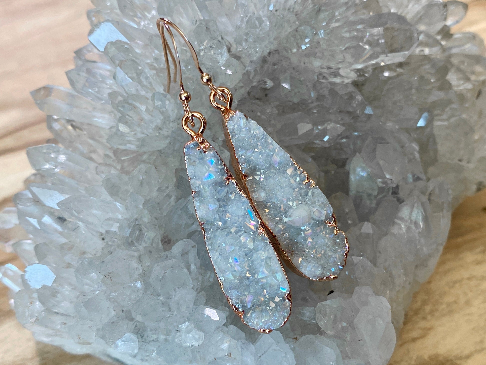 Raw druzy earrings for women Angel aura quartz earrings White druzy crystal earrings for bride Teardrop druzy earrings White geode earrings