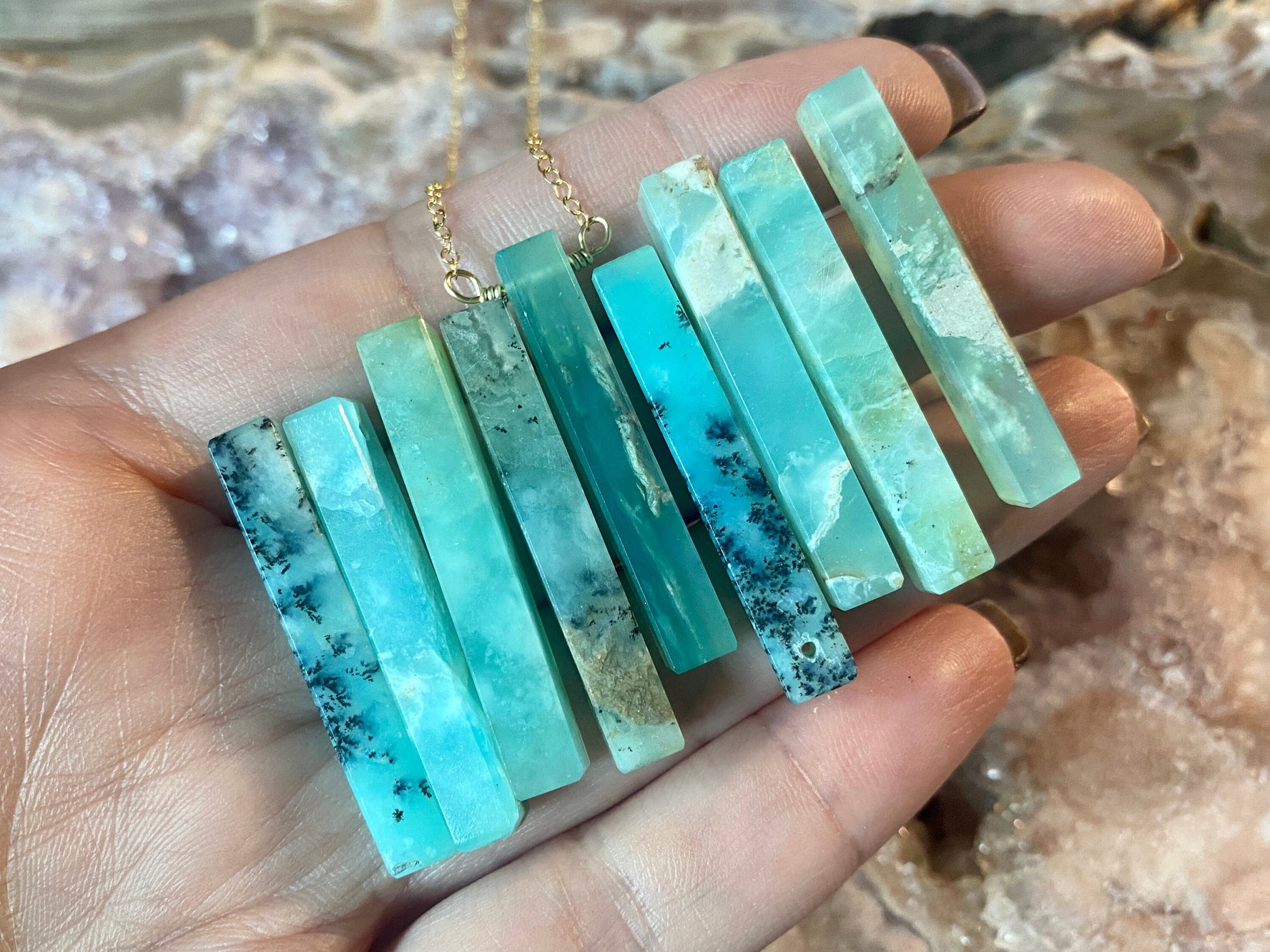 Peruvian Opal necklace for women men Green blue Peruvian Opal jewelry Raw opal necklace for her Peruvian opal pendant Opal bar necklace