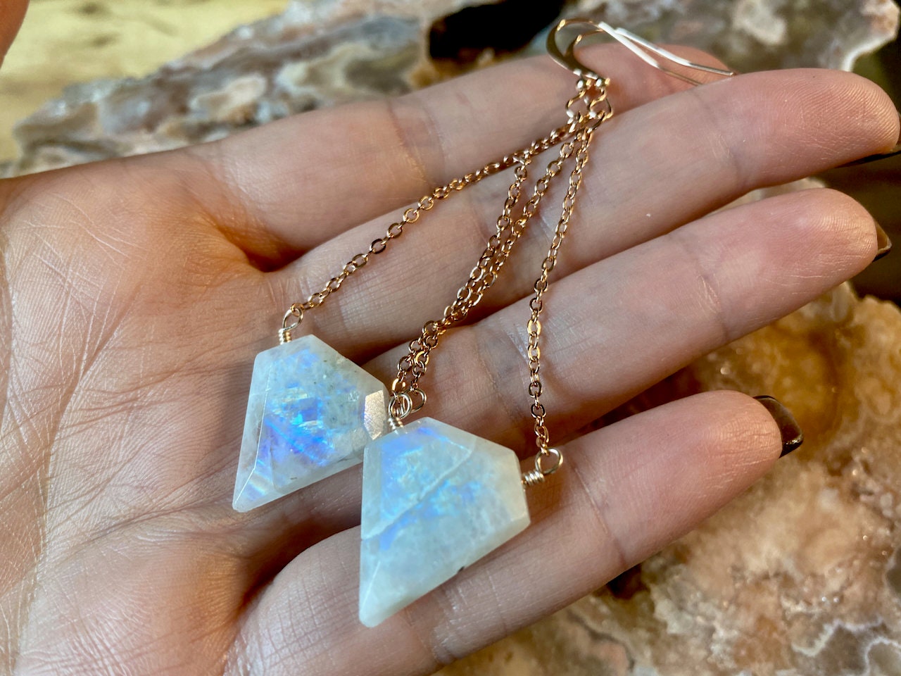 Raw moonstone earrings Rainbow moonstone earrings for women Real moonstone jewelry Blue moonstone dangle earrings Gemstone earrings