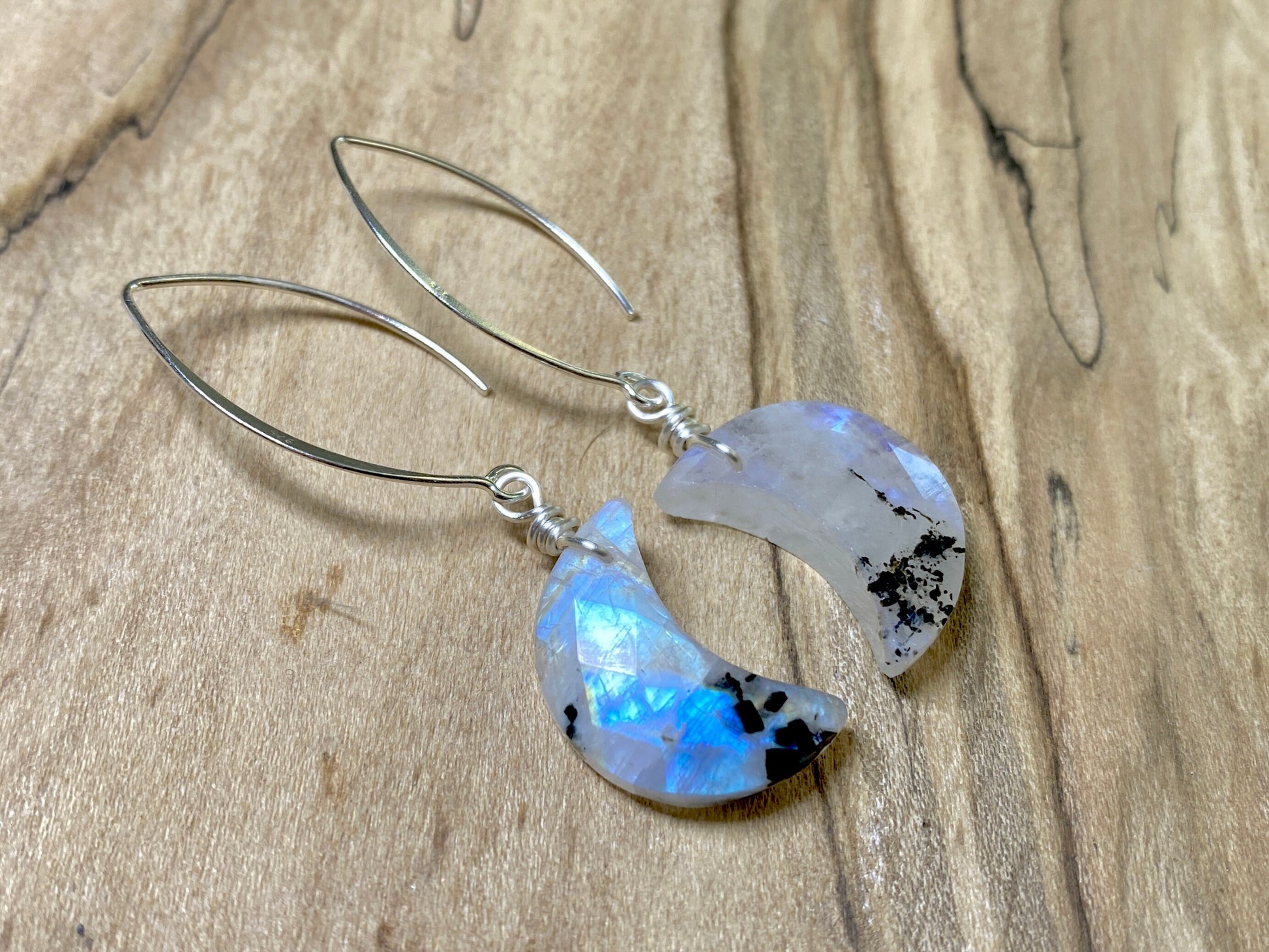Black moonstone earrings Raw crystal moon earrings Raw moonstone moon earrings Rainbow moon stone earrings Raw gemstone moon earrings