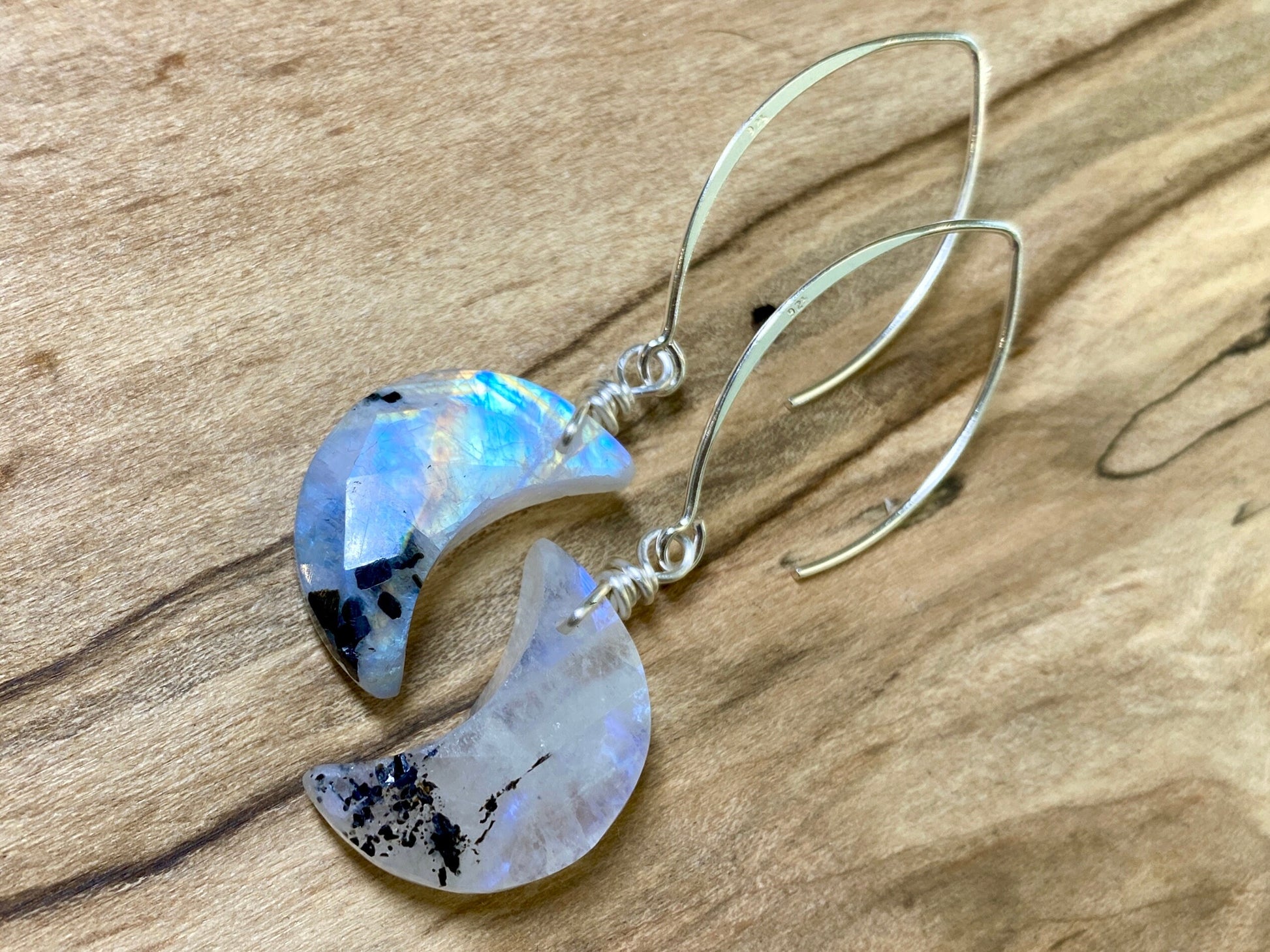 Black moonstone earrings Raw crystal moon earrings Raw moonstone moon earrings Rainbow moon stone earrings Raw gemstone moon earrings
