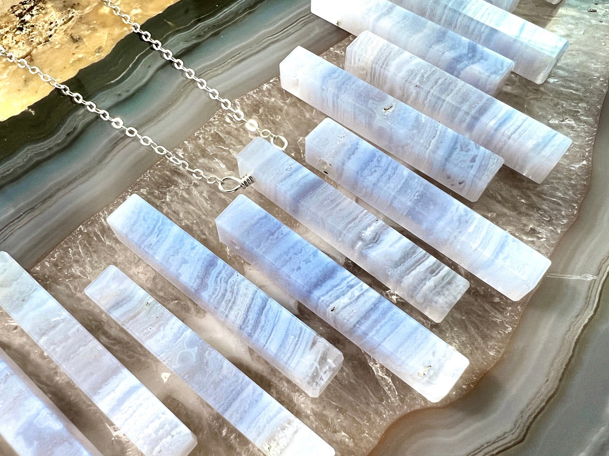 Blue lace agate necklace for men and women Blue agate necklace men Blue chalcedony necklace Healing crystal necklace men Couples necklaces