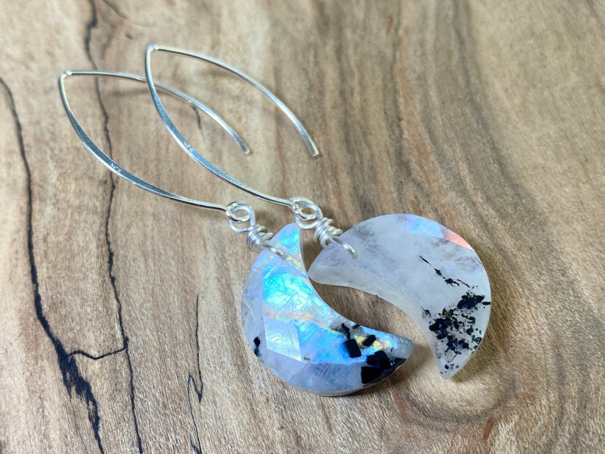Black moonstone earrings Raw crystal moon earrings Raw moonstone moon earrings Rainbow moon stone earrings Raw gemstone moon earrings