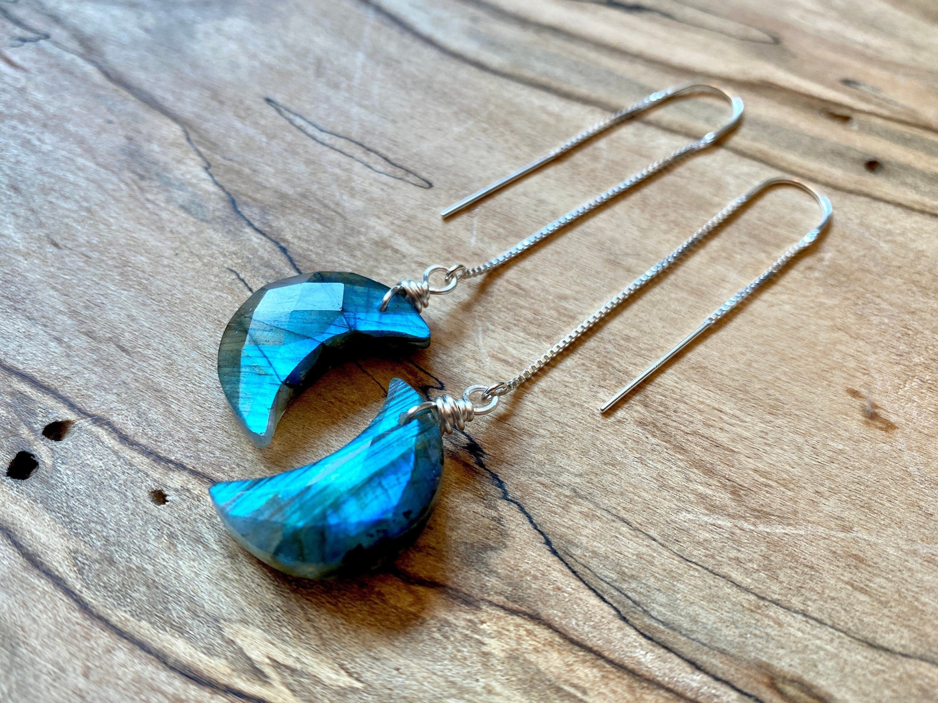 Real moonstone earrings dangle Moon threader earrings Raw Moonstone moon earrings Rainbow moonstone jewelry Crystal threader earrings