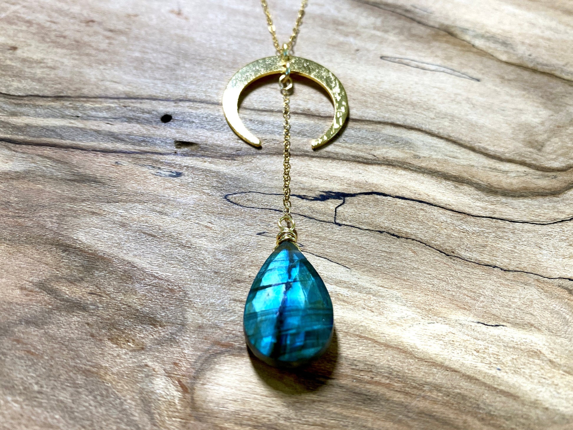 Rainbow moonstone necklace Double horn necklace Moon phase necklace Gold lariat necklace Half moon necklace Y necklace Crescent moon pendant