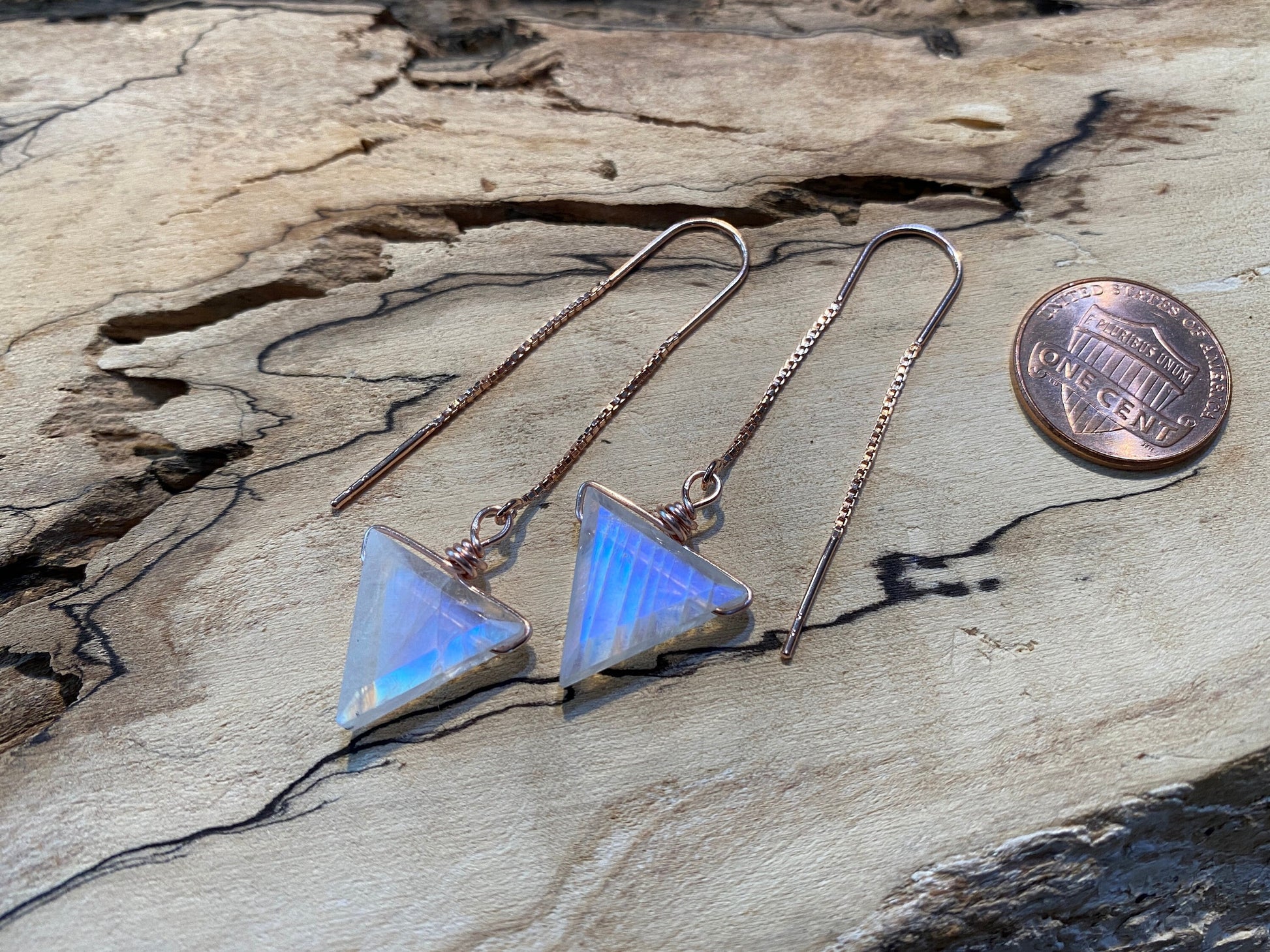 Dainty labradorite earrings sterling silver gemstone threader earrings Silver triangle earrings dangle Geometric crystal earrings threaded