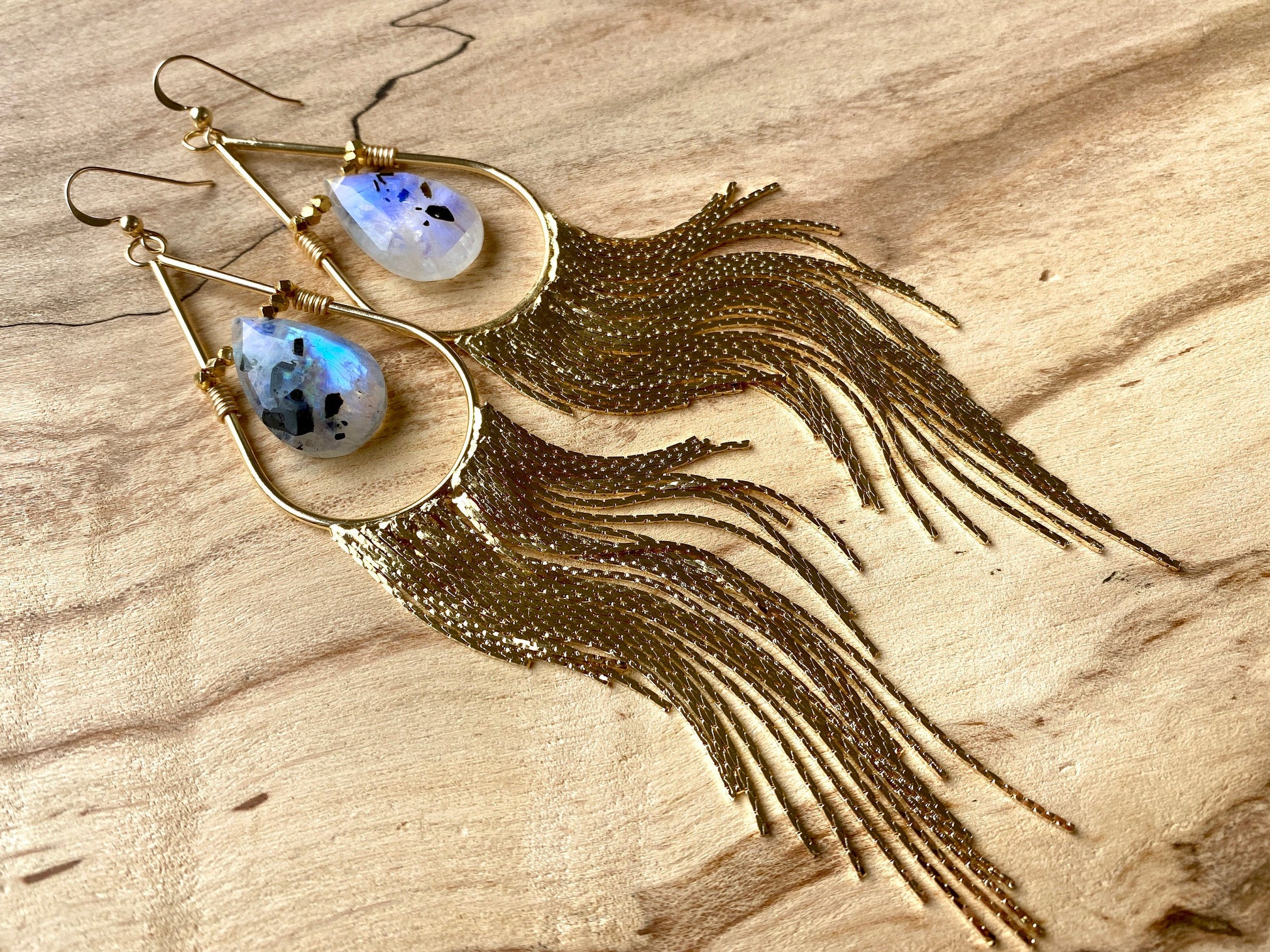 Rainbow moonstone earrings Long fringe earrings Extra long crystal earrings Raw moonstone statement earrings Real moonstone jewelry
