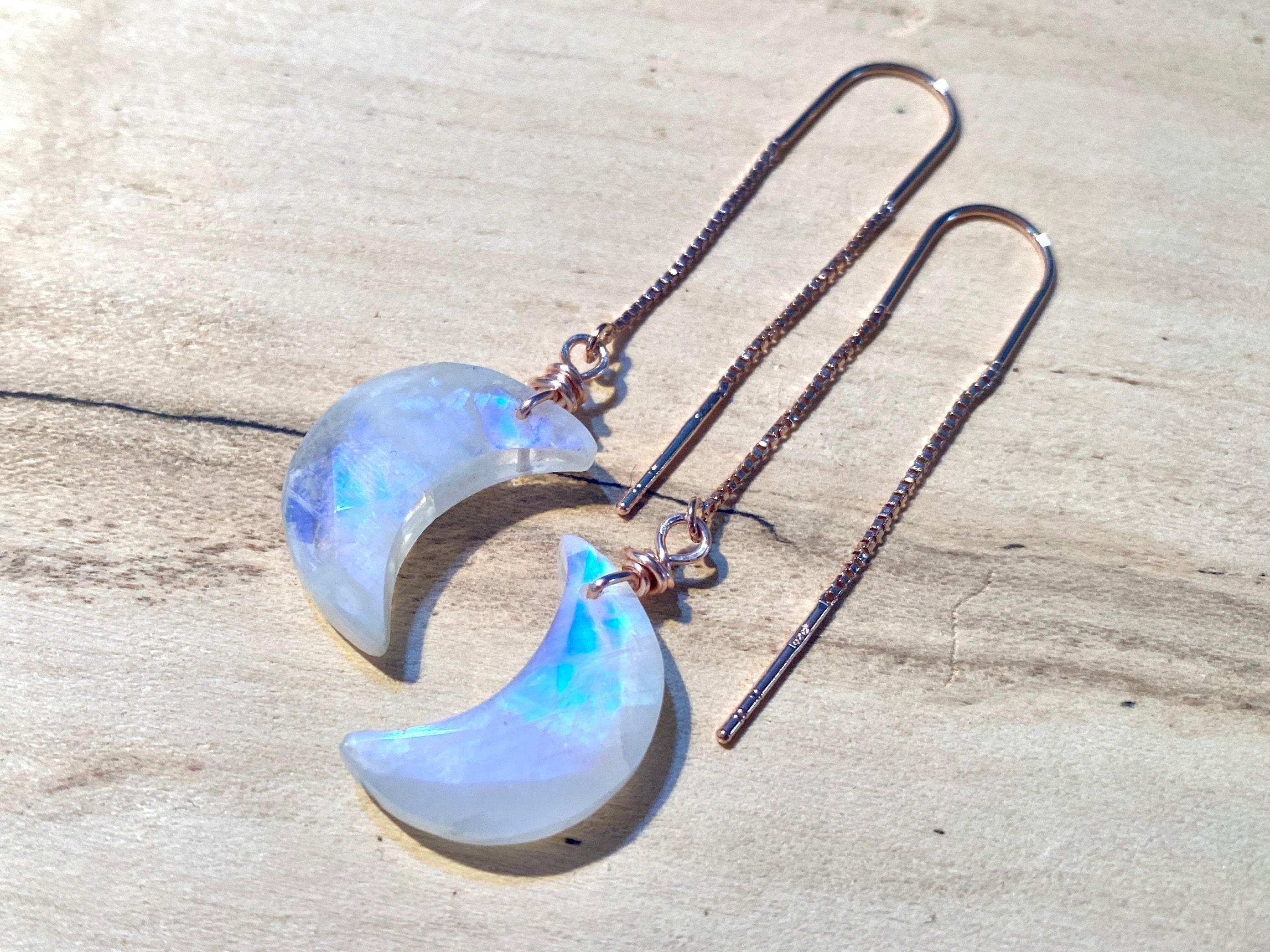 Real moonstone earrings dangle Moon threader earrings Raw Moonstone moon earrings Rainbow moonstone jewelry Crystal threader earrings