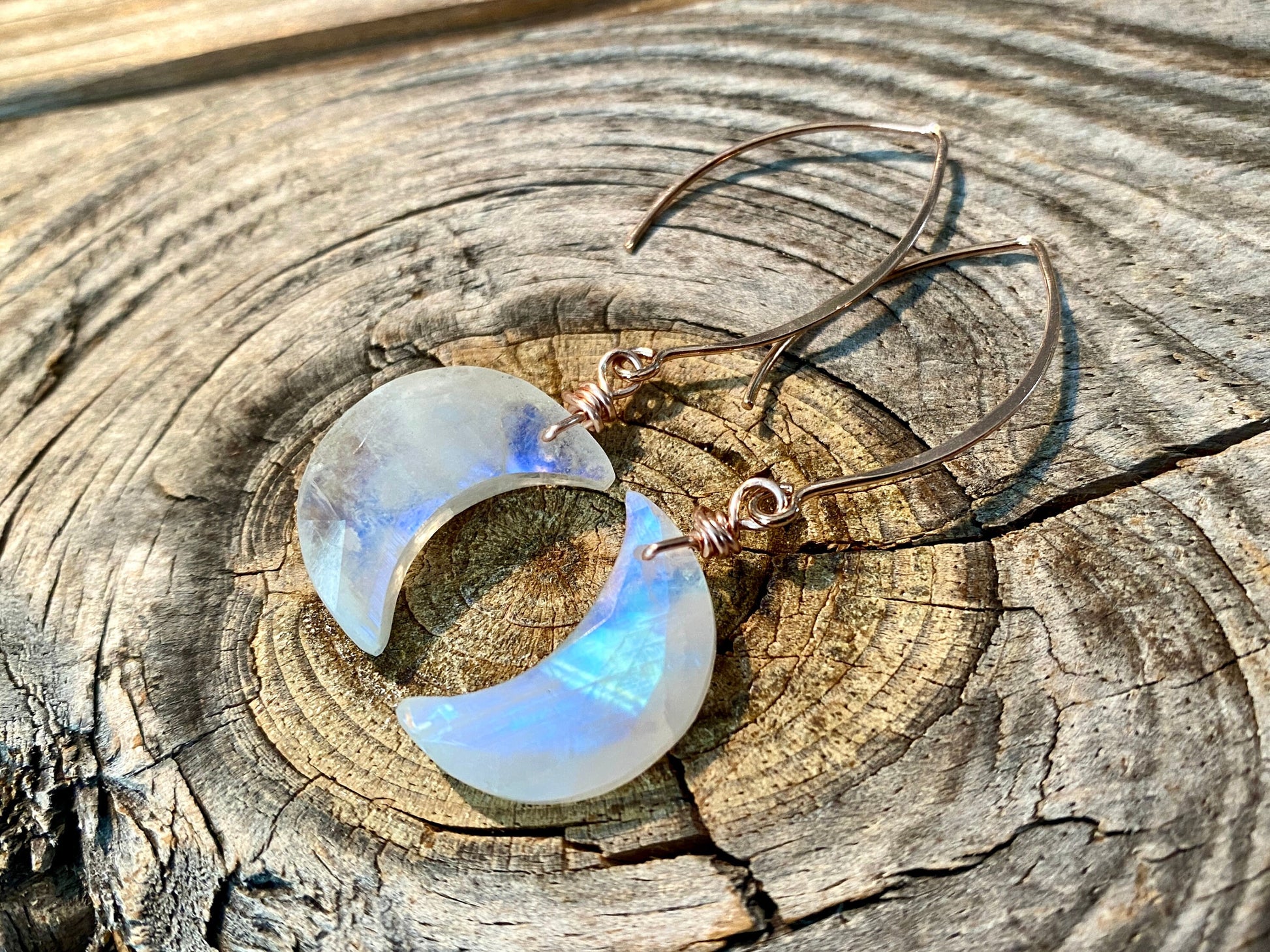 Rainbow moonstone earrings Crystal moon earrings Raw moonstone moon earrings Crescent moon earrings Half moon shaped moonstone jewelry