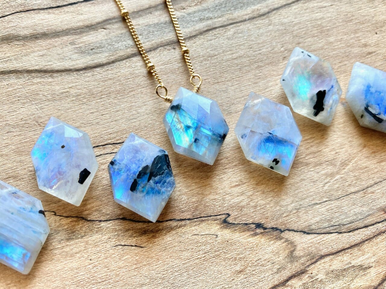 Spotted moonstone necklace gold Rainbow moonstone jewelry for women Gemini gift for her Moonstone pendulum Black moonstone pendant