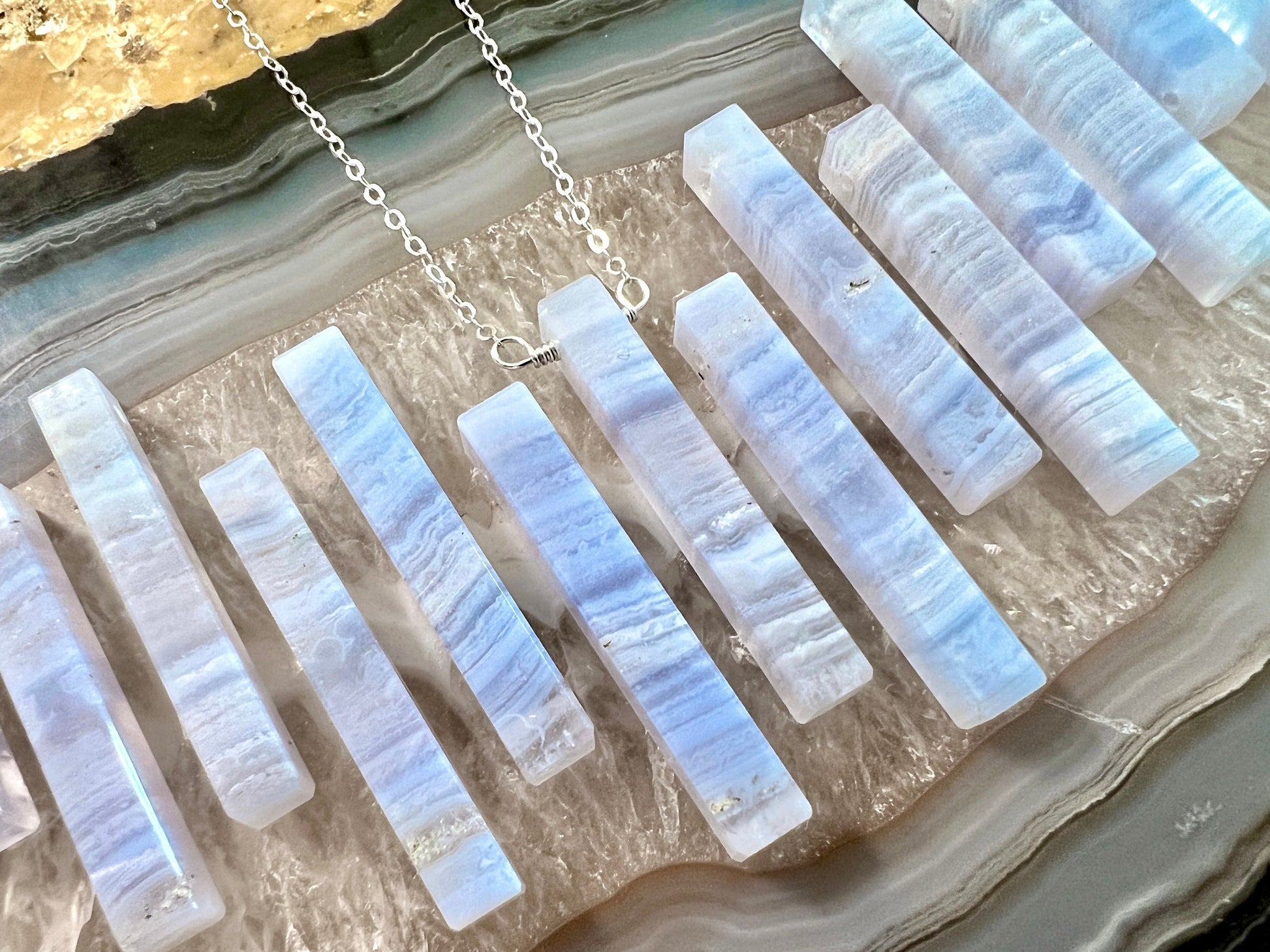 Blue lace agate necklace for men and women Blue agate necklace men Blue chalcedony necklace Healing crystal necklace men Couples necklaces