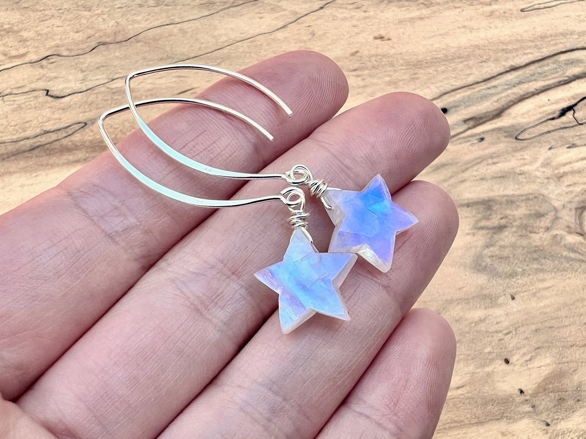 Rainbow moonstone earrings Dainty crystal star earrings Moonstone star earrings dangle Gemstone star earrings silver Raw moonstone earrings